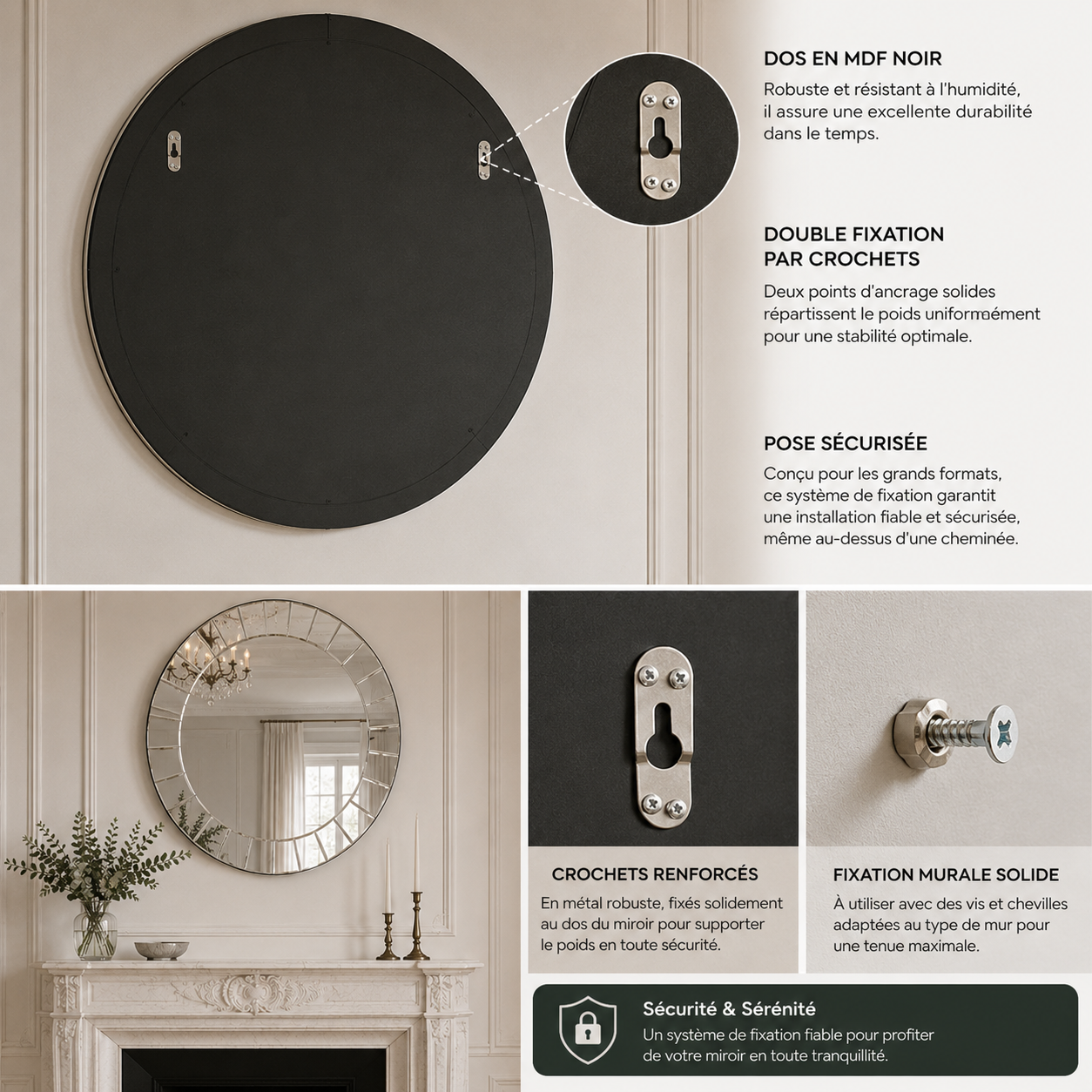 Grand Miroir Rond Design Fixation