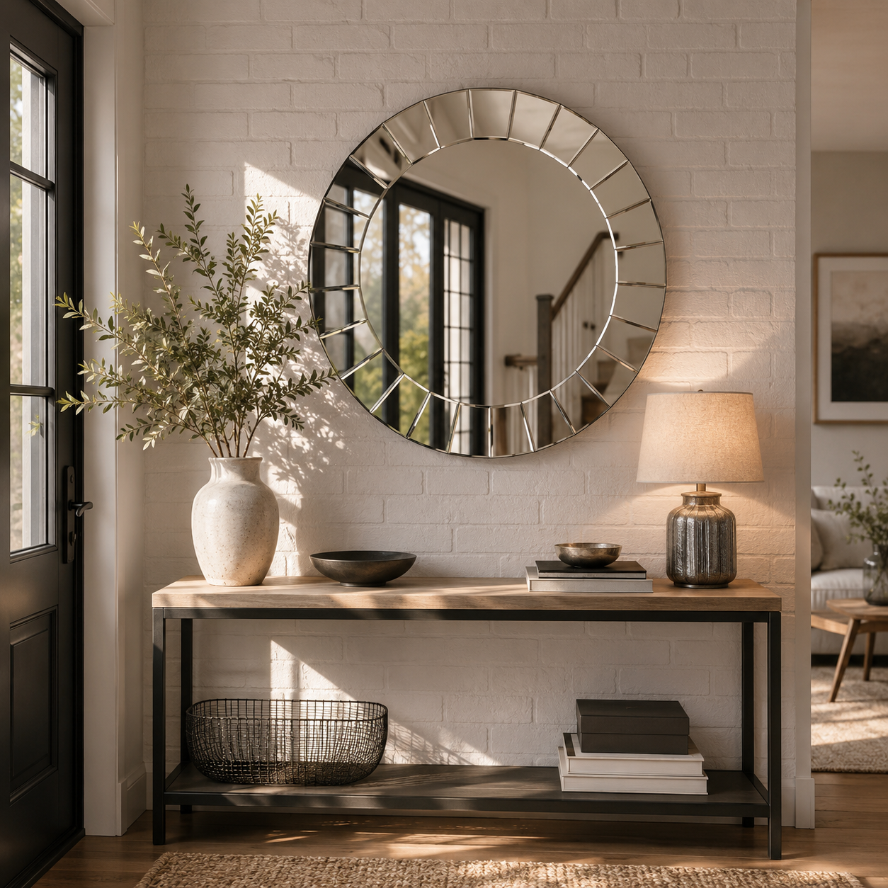 Grand Miroir Rond Design Sur Mur En Brique