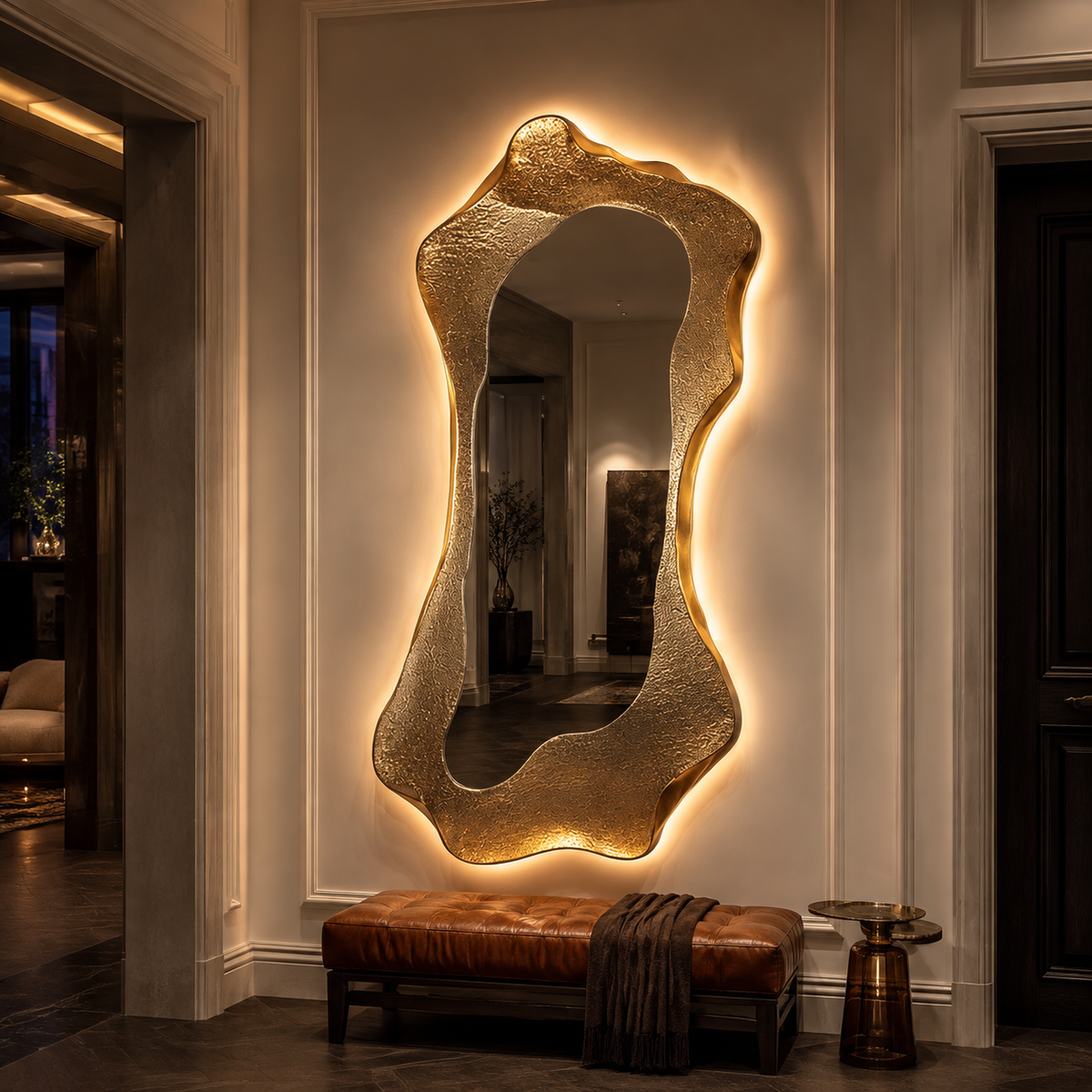 Miroir Cadre Doré Sculpté LED Grand Format Hall D'Entree