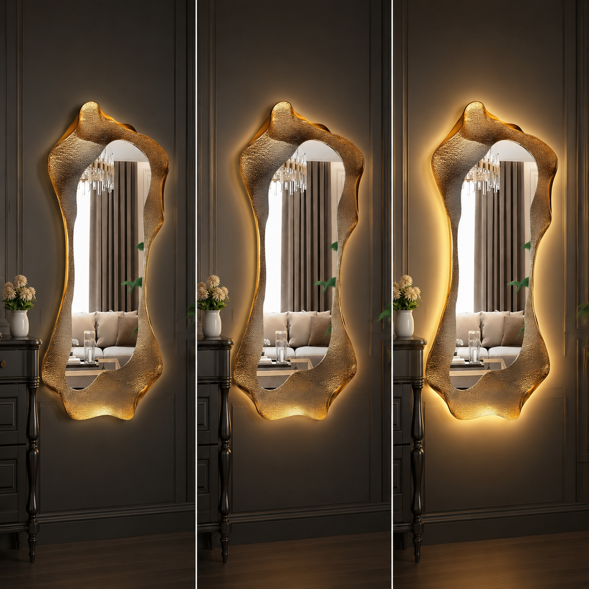 Miroir Cadre Doré Sculpté LED Grand Format flux Lumineux