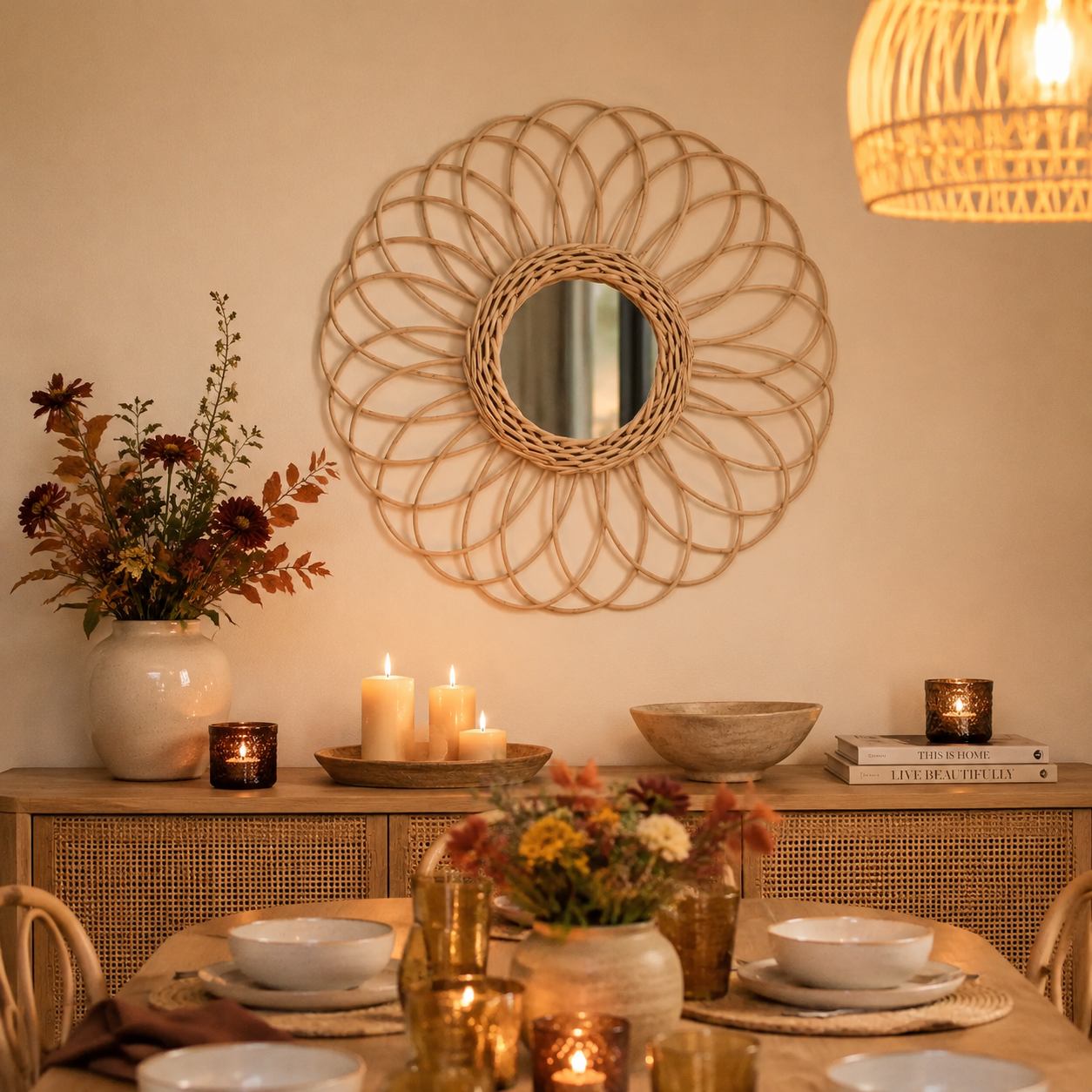 Miroir Fleur Rotin Tressé Main Design Floral Buffet