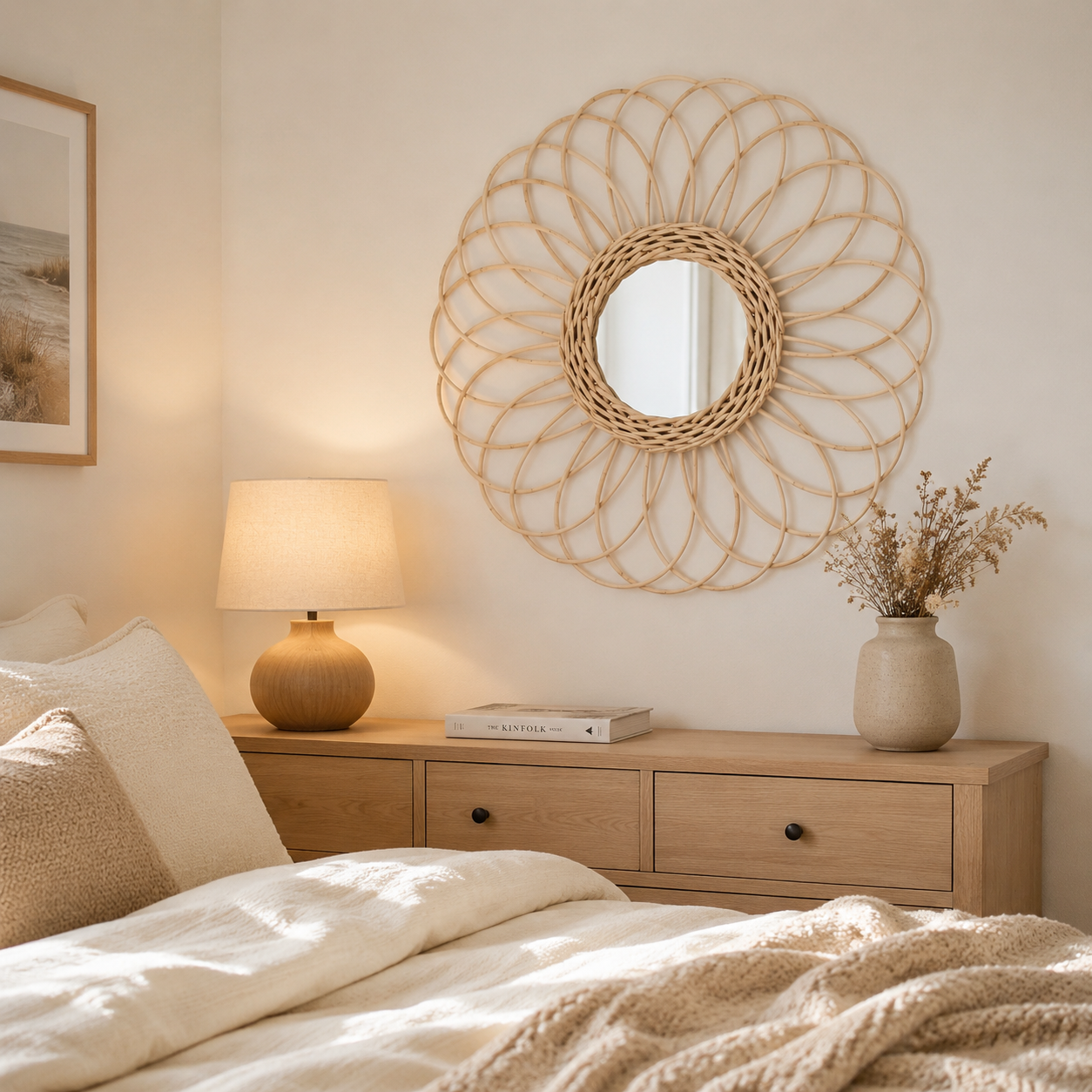 Miroir Fleur Rotin Tressé Main Design Floral Chambre