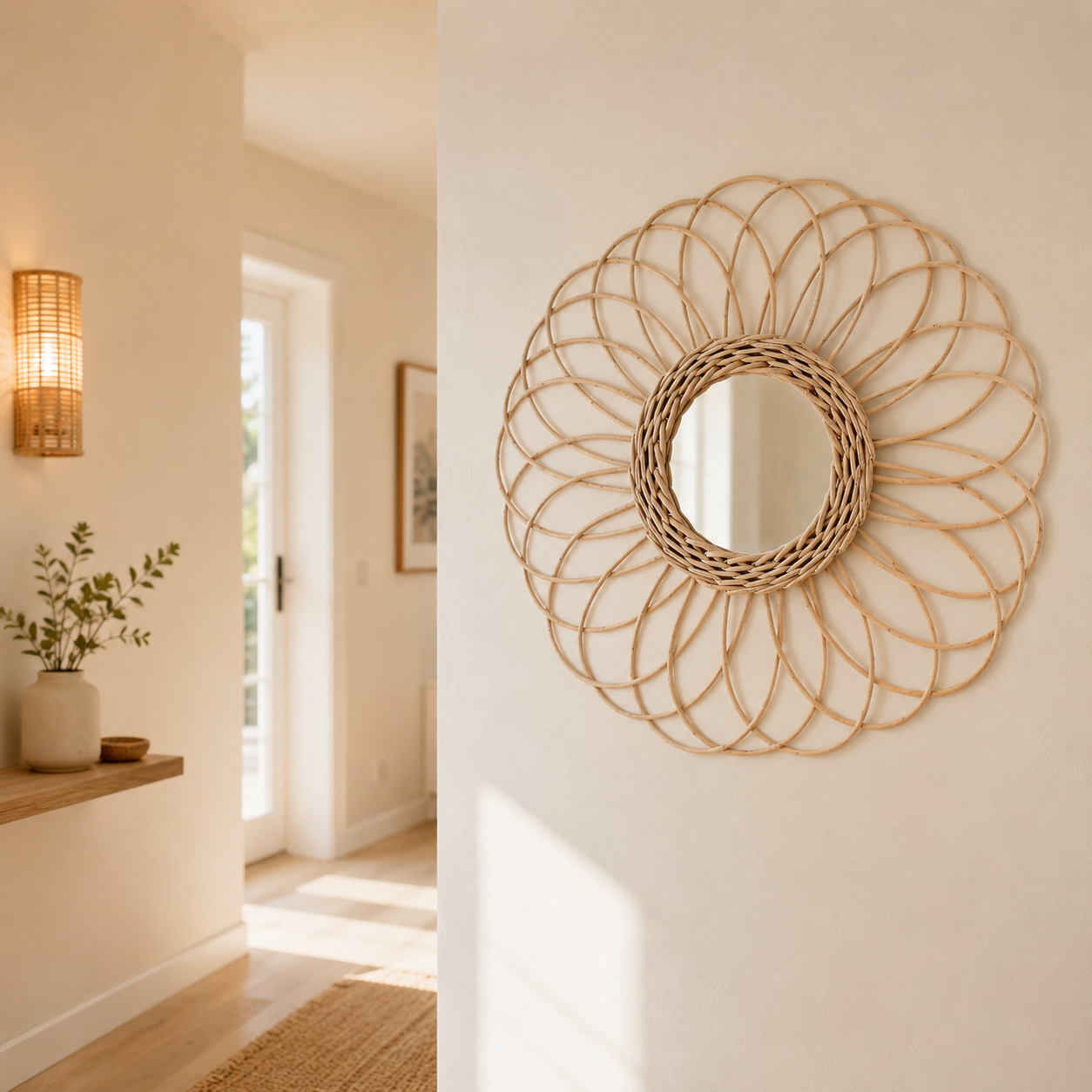 Miroir Fleur Rotin Tressé Main Design Floral Couloir