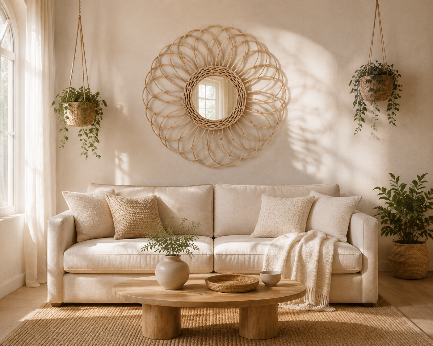 Miroir Fleur Rotin Tressé Main Design Floral Dessus Canapé