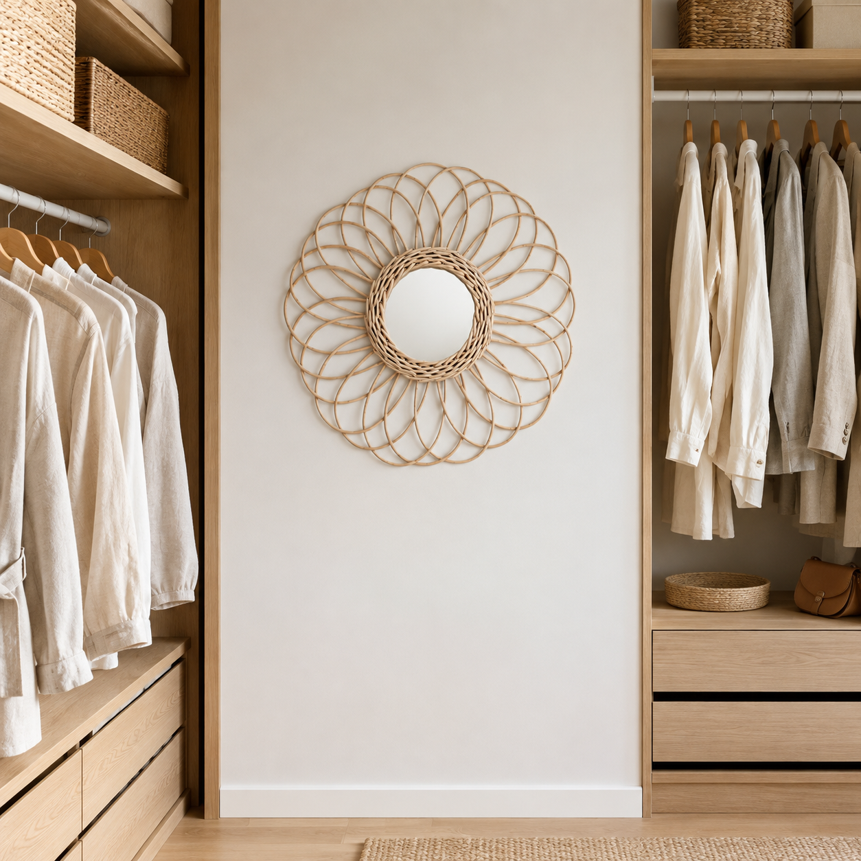Miroir Fleur Rotin Tressé Main Design Floral Dressing