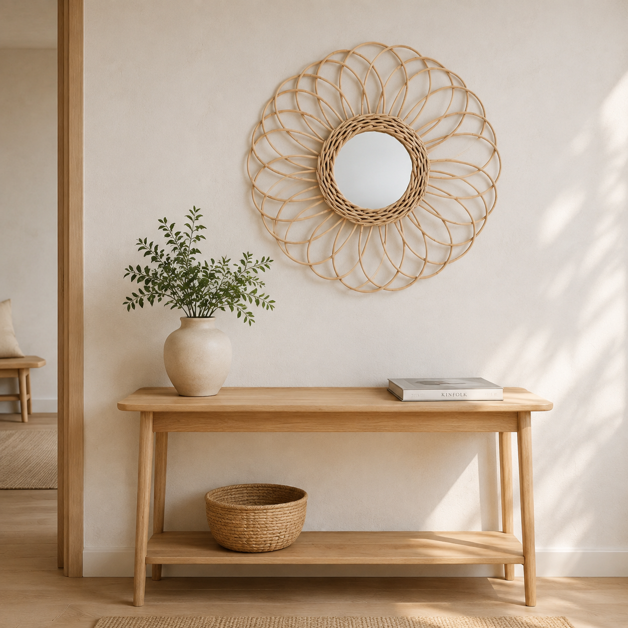 Miroir Fleur Rotin Tressé Main Design Floral Entree