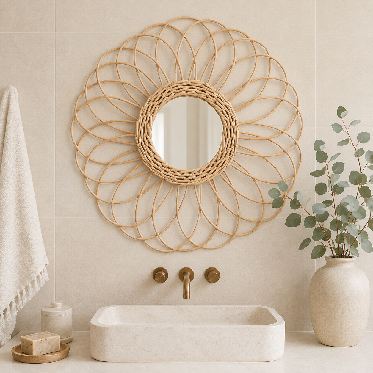 Miroir Fleur Rotin Tressé Main Design Floral Salle De Bain