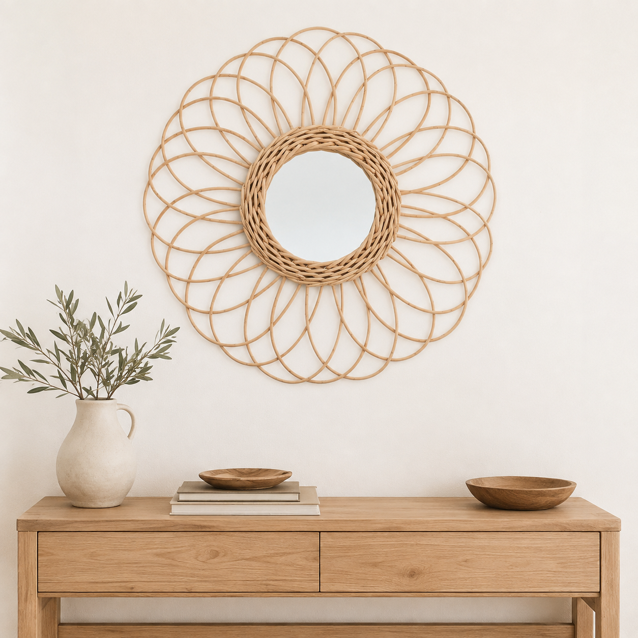 Miroir Fleur Rotin Tressé Main Dessus Meuble