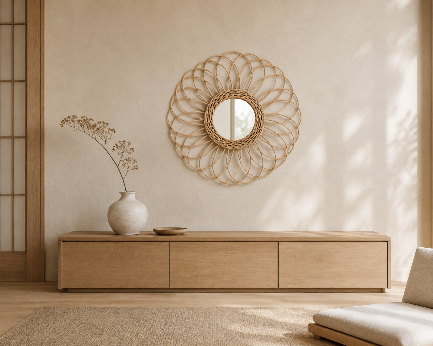 Miroir Fleur Rotin Tressé Main Dessus Meuble