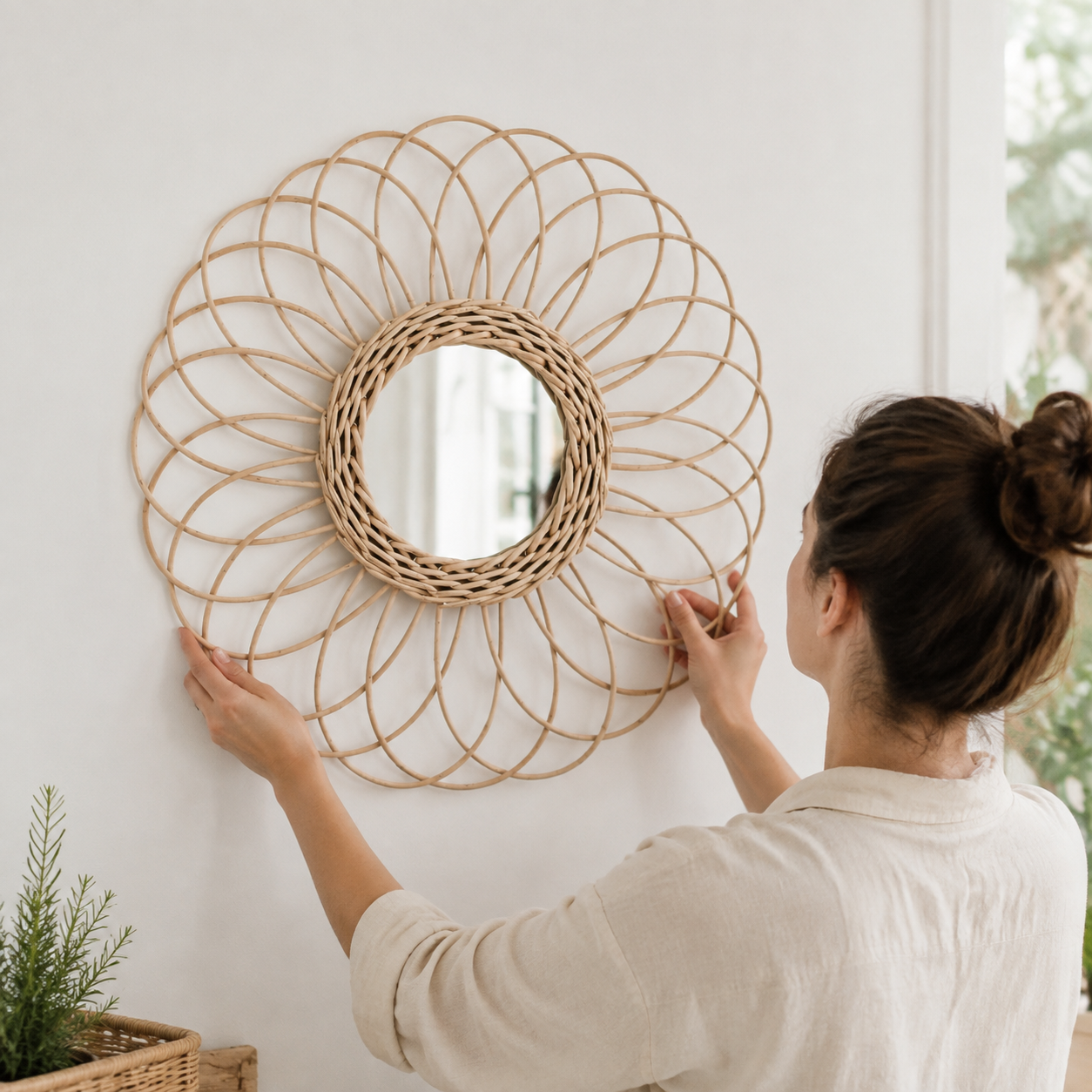Miroir Fleur Rotin Tressé Main Installation