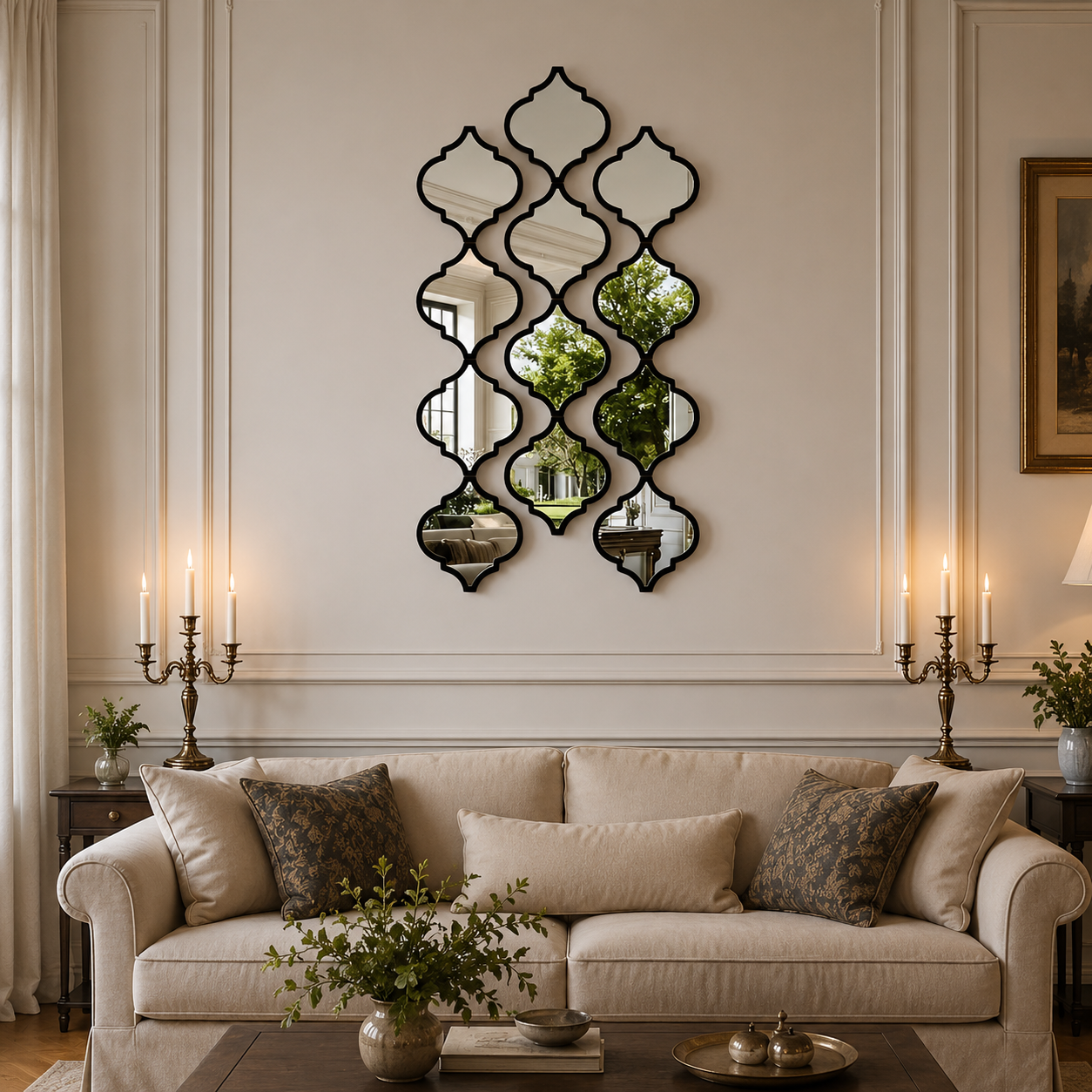 Miroir Marocain Arabesque Cadre Noir Canapé