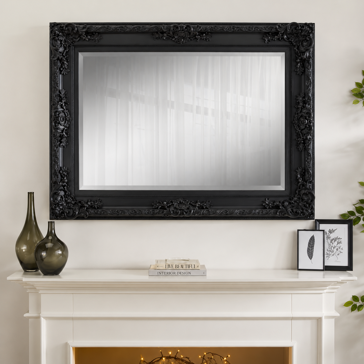 Miroir Mural Baroque Louis XV — Finition Noir Sculptée