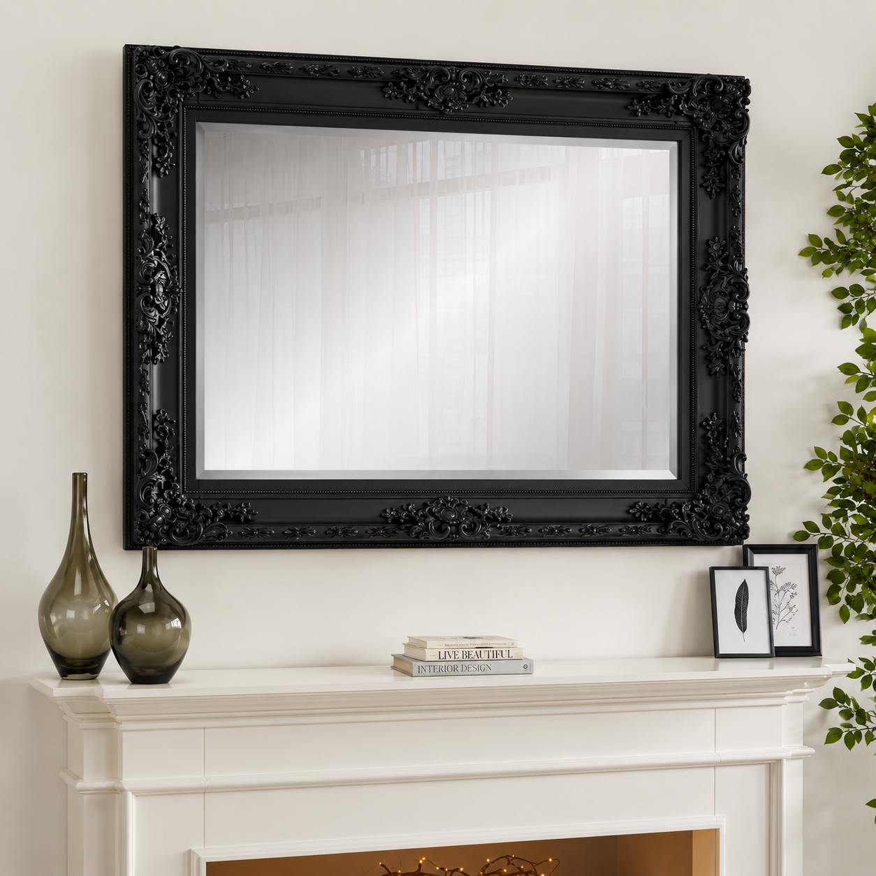 Miroir Mural Baroque Louis XV — Finition Noir Sculptée salon
