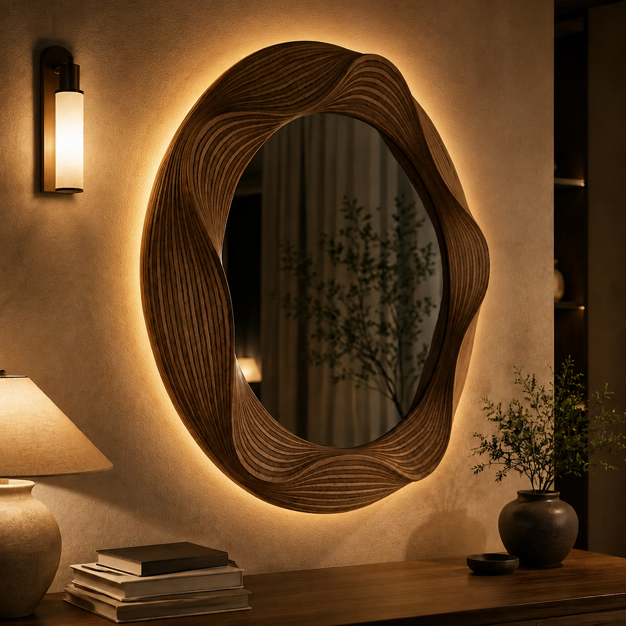 Miroir Mural Bois Sculpté Artisanal Rétroéclairé 