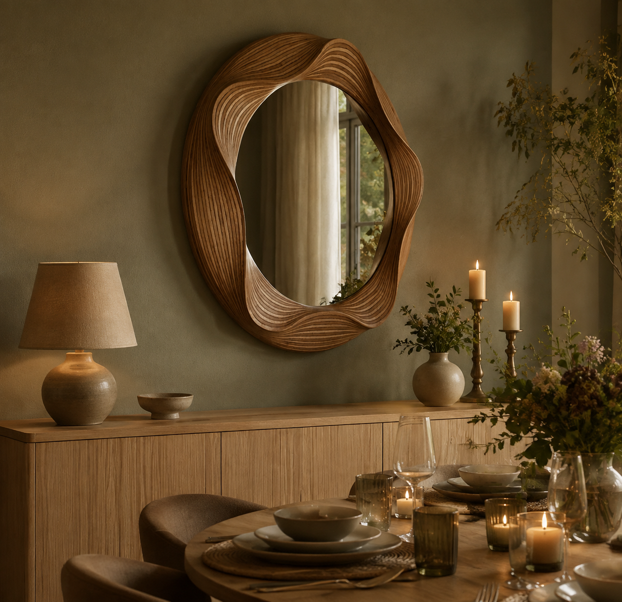 Miroir Mural Bois Sculpté Artisanal Rétroéclairé Buffet
