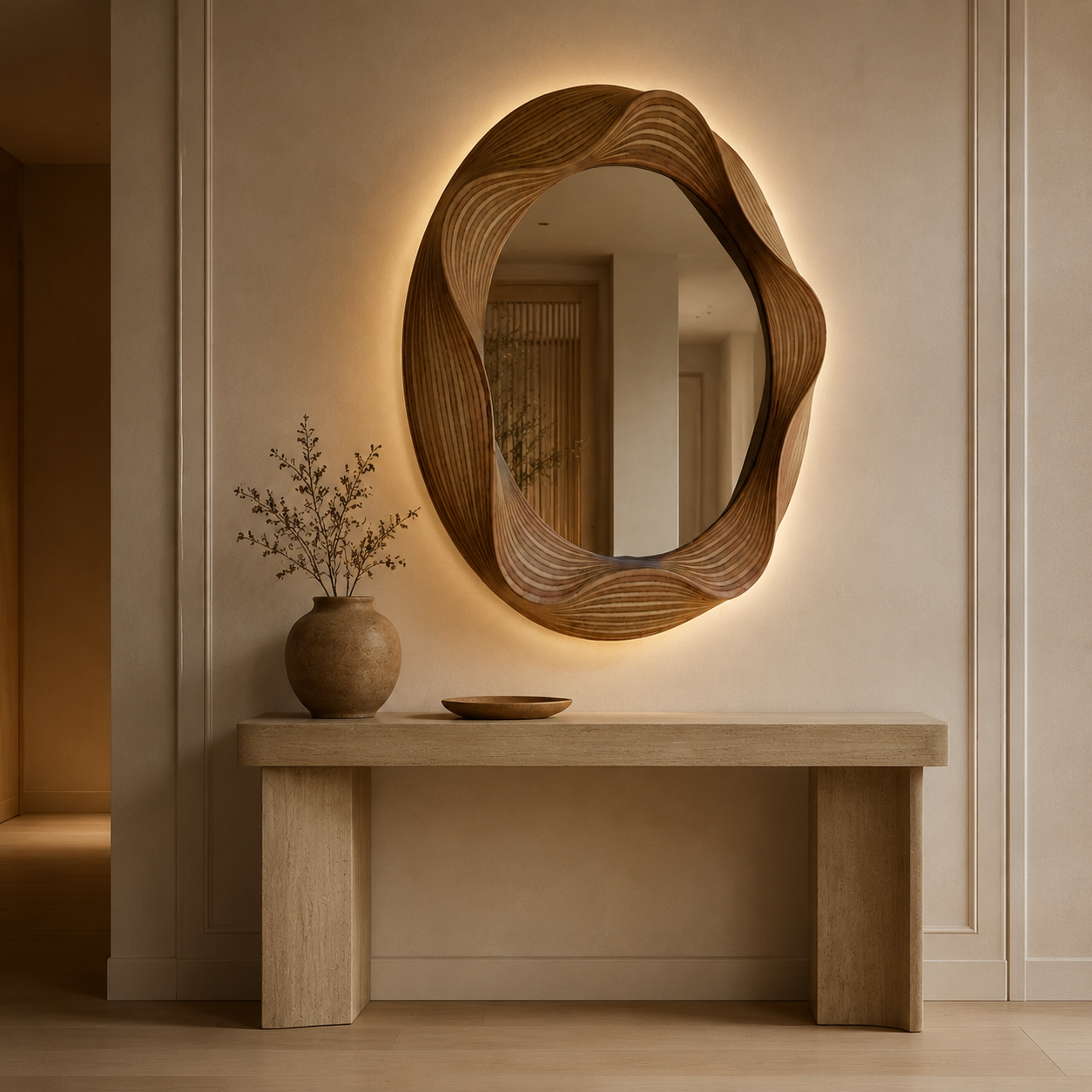 Miroir Mural Bois Sculpté Artisanal Rétroéclairé Entree
