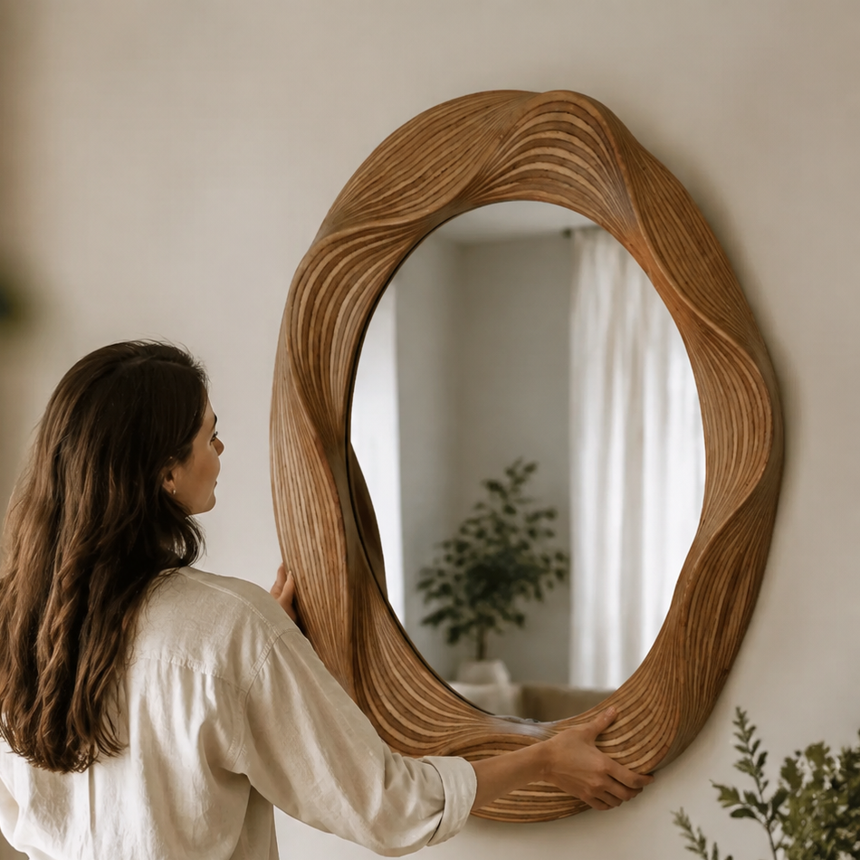 Miroir Mural Bois Sculpté Artisanal Rétroéclairé Pose
