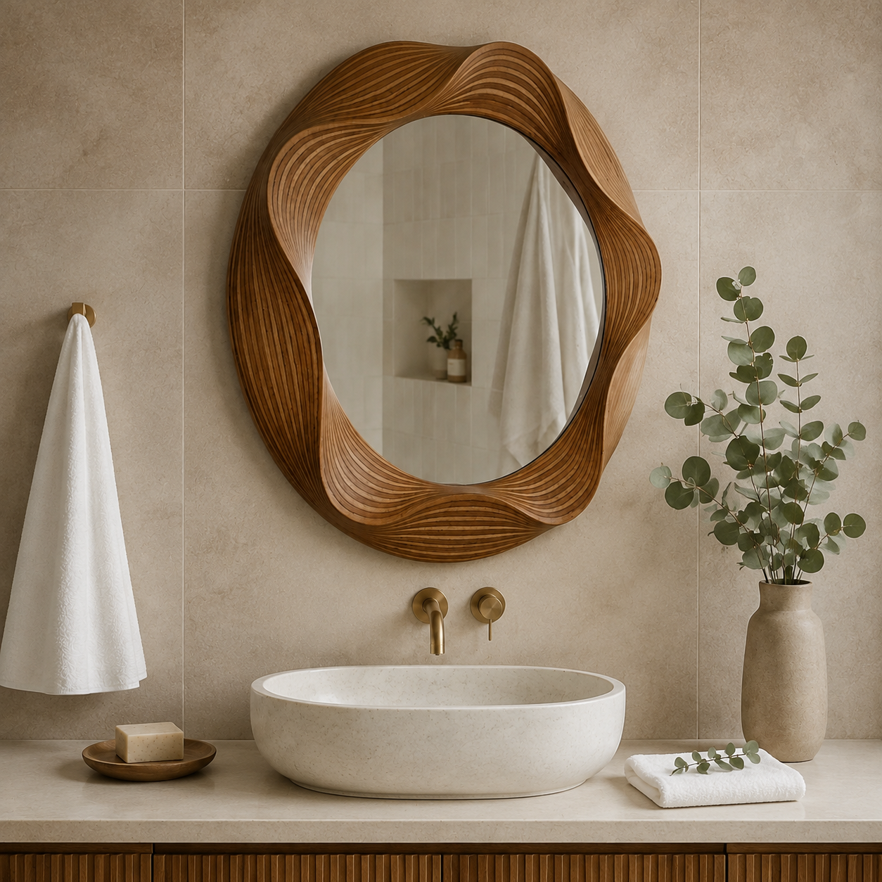 Miroir Mural Bois Sculpté Artisanal Rétroéclairé Salle De Bain
