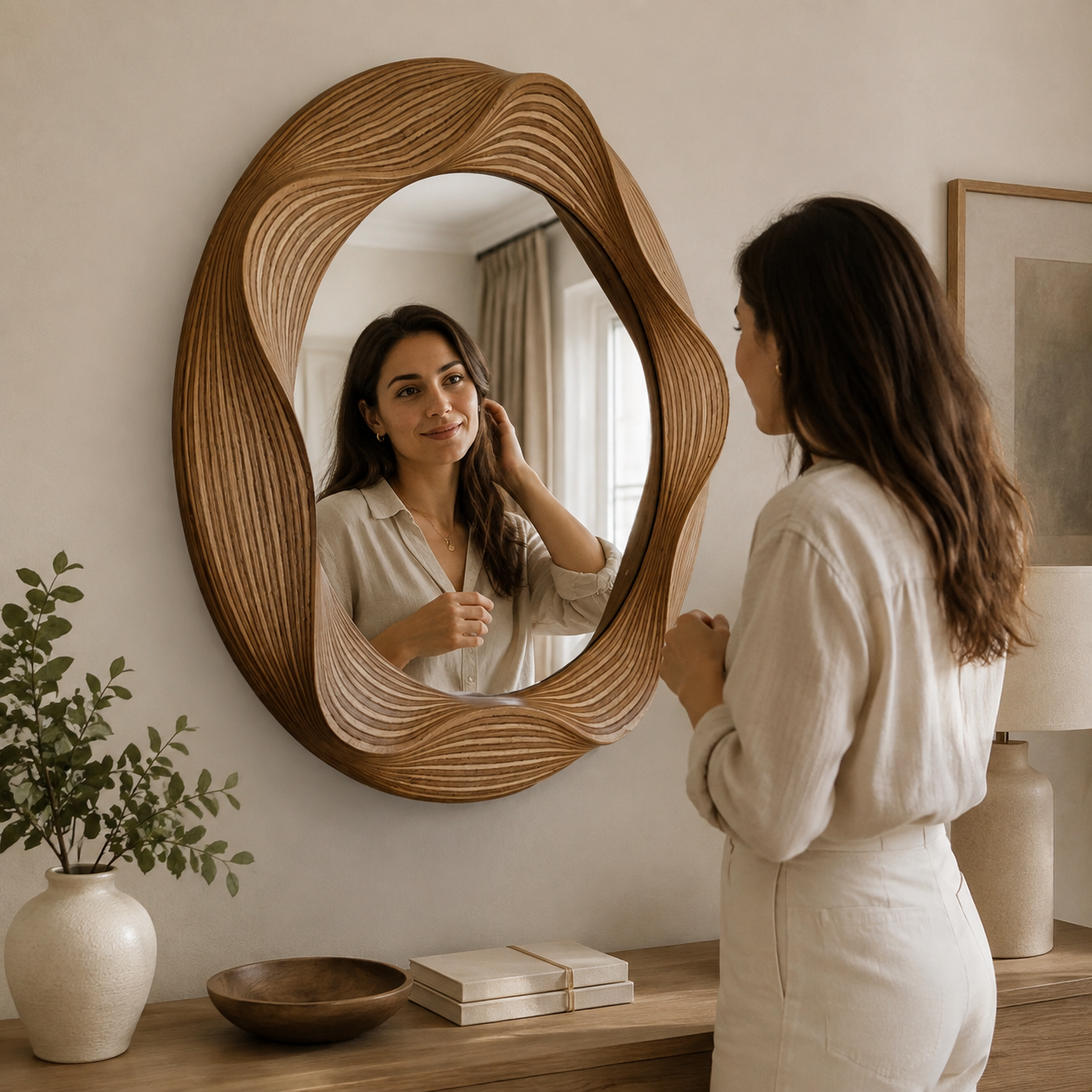Miroir Mural Bois Sculpté Artisanal Rétroéclairé Se Regarder