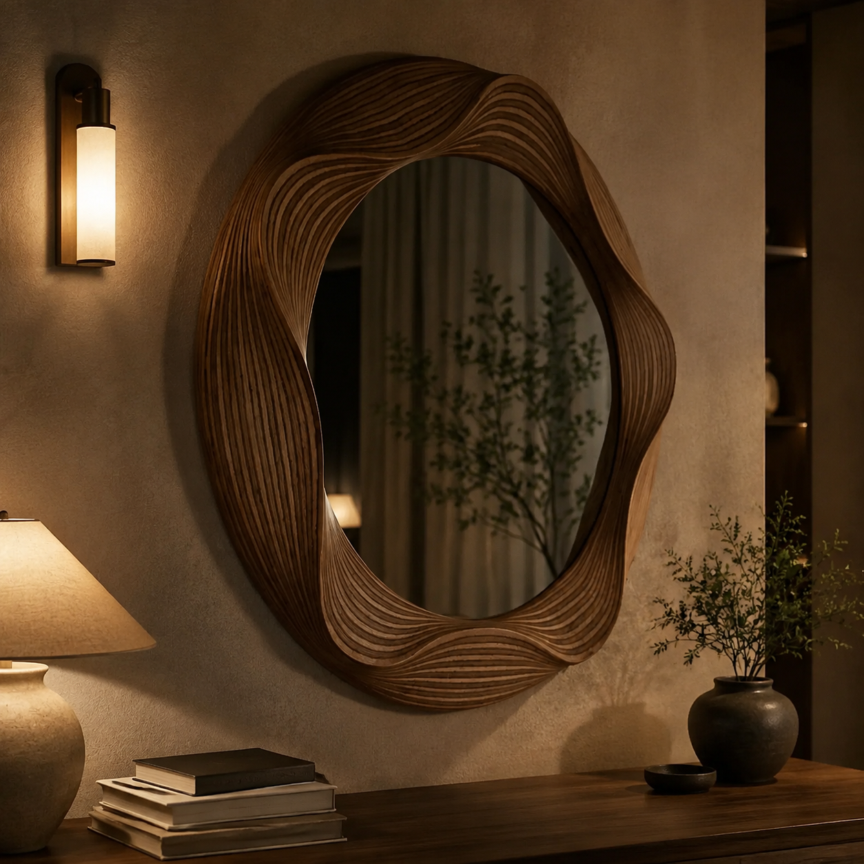 Miroir Mural Bois Sculpté Artisanal Rétroéclairé Tamise