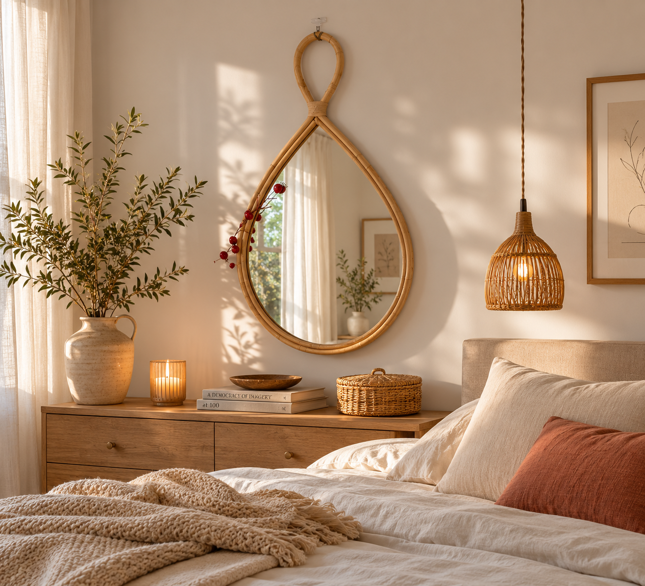 Miroir Mural Design Original en Rotin Chambre