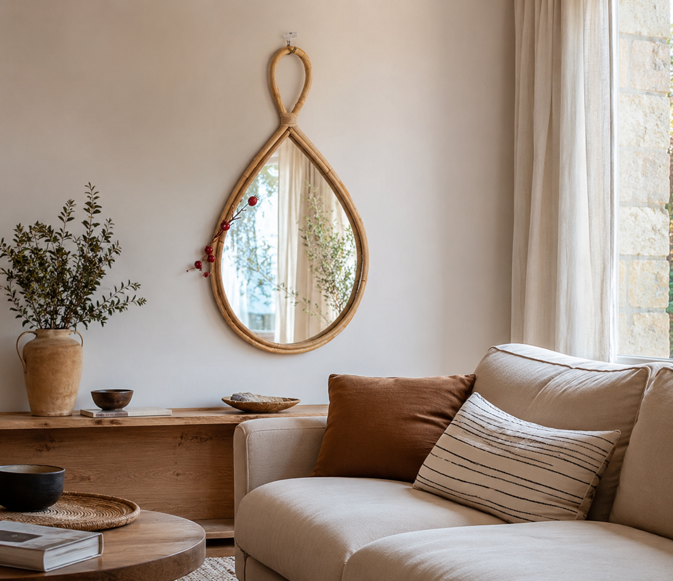 Miroir Mural Design Original en Rotin Salon