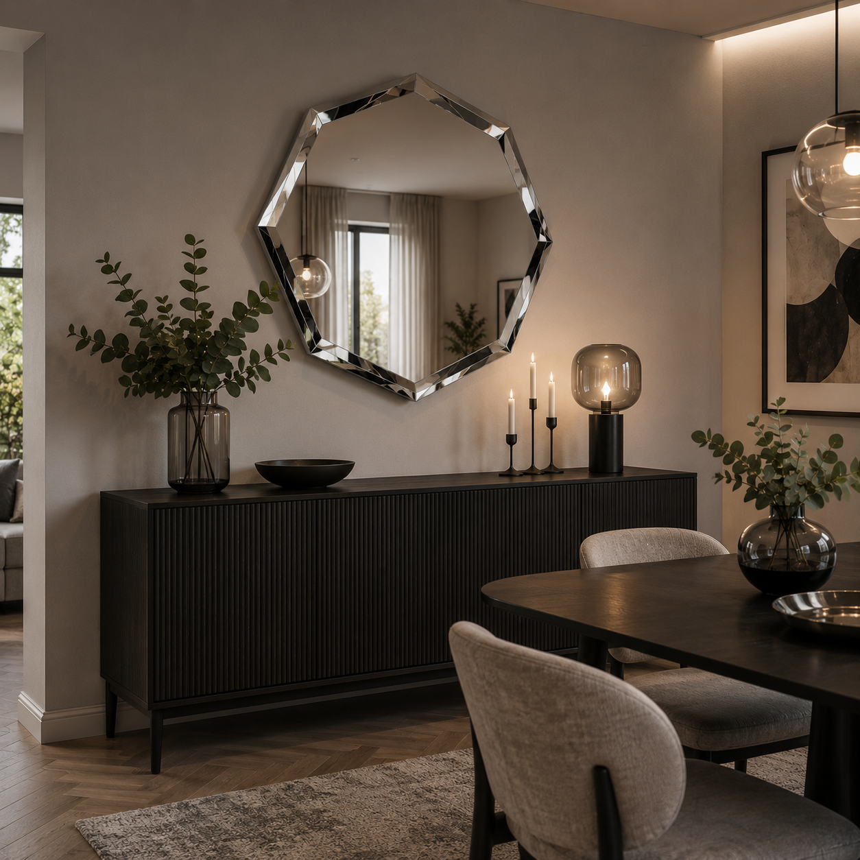 Miroir Mural Irrégulier Octogonal Finition Cristal Miroité Buffet