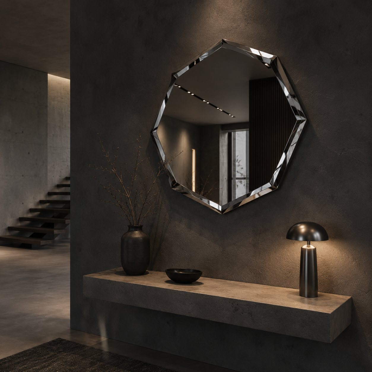 Miroir Mural Irrégulier Octogonal Finition Cristal Miroité fond sombre