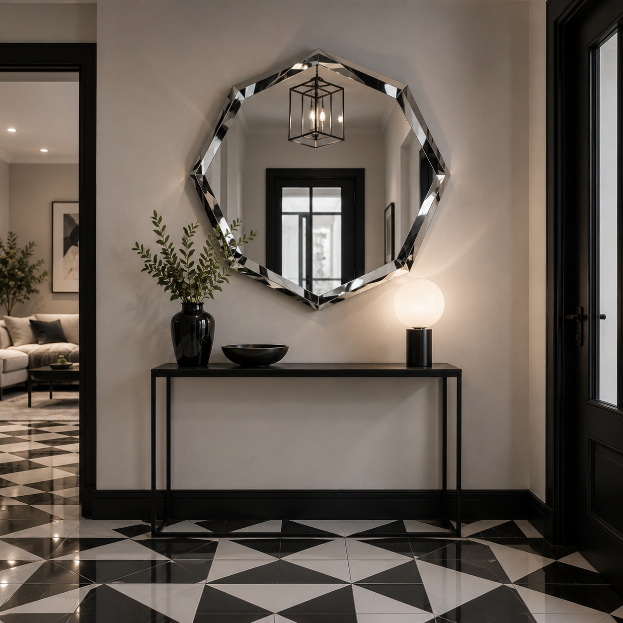 Miroir Mural Irrégulier Octogonal Finition Cristal Miroité sur carrelage