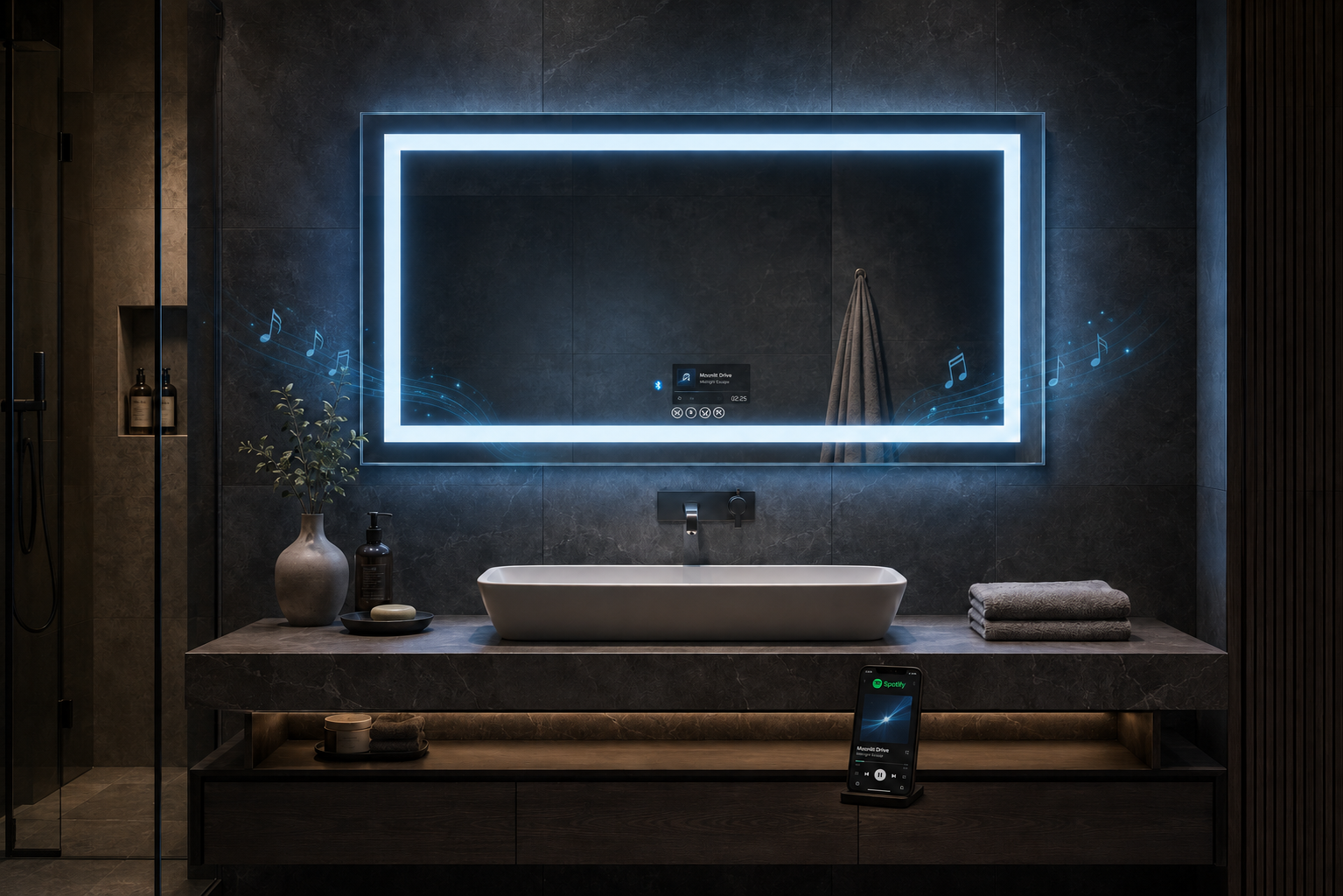Miroir Mural LED Bluetooth Antibuée avec Enceinte Salle De Bain