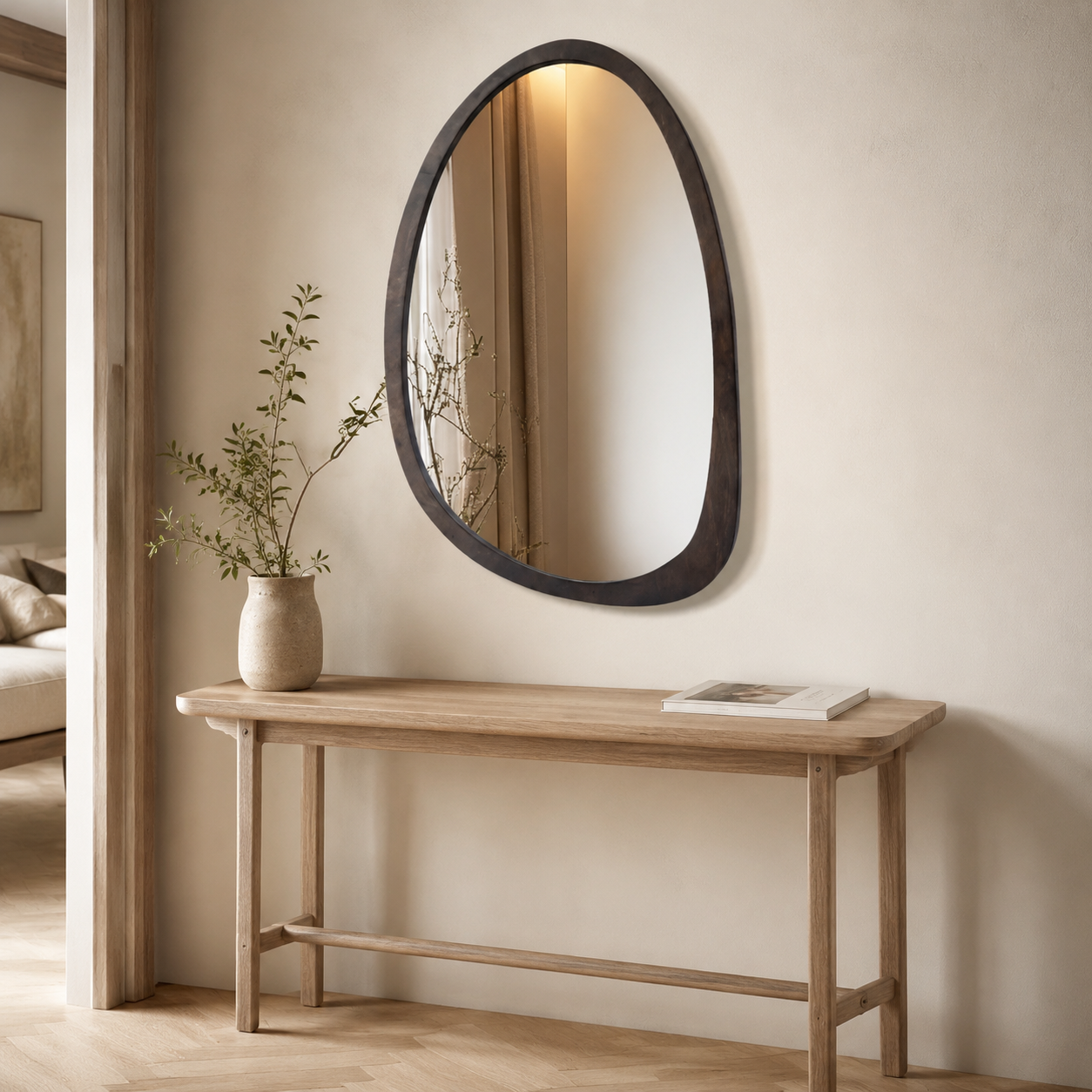 Miroir Mural Organique Bois Noyer Cadre Asymétrique
