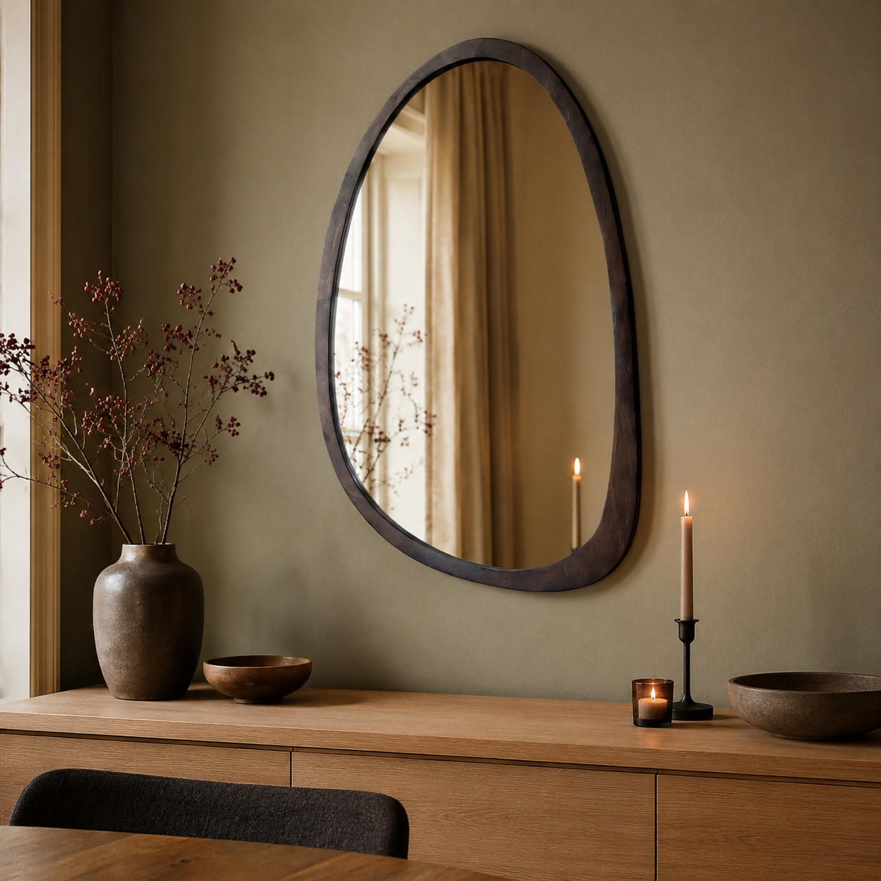 Miroir Mural Organique Bois Noyer Cadre Asymétrique Buffet