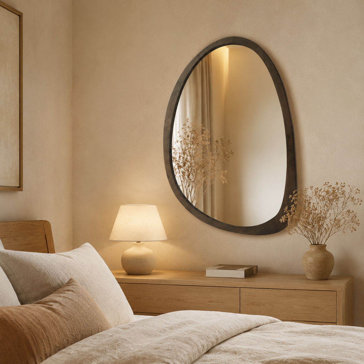 Miroir Mural Organique Bois Noyer Cadre Asymétrique Chambre