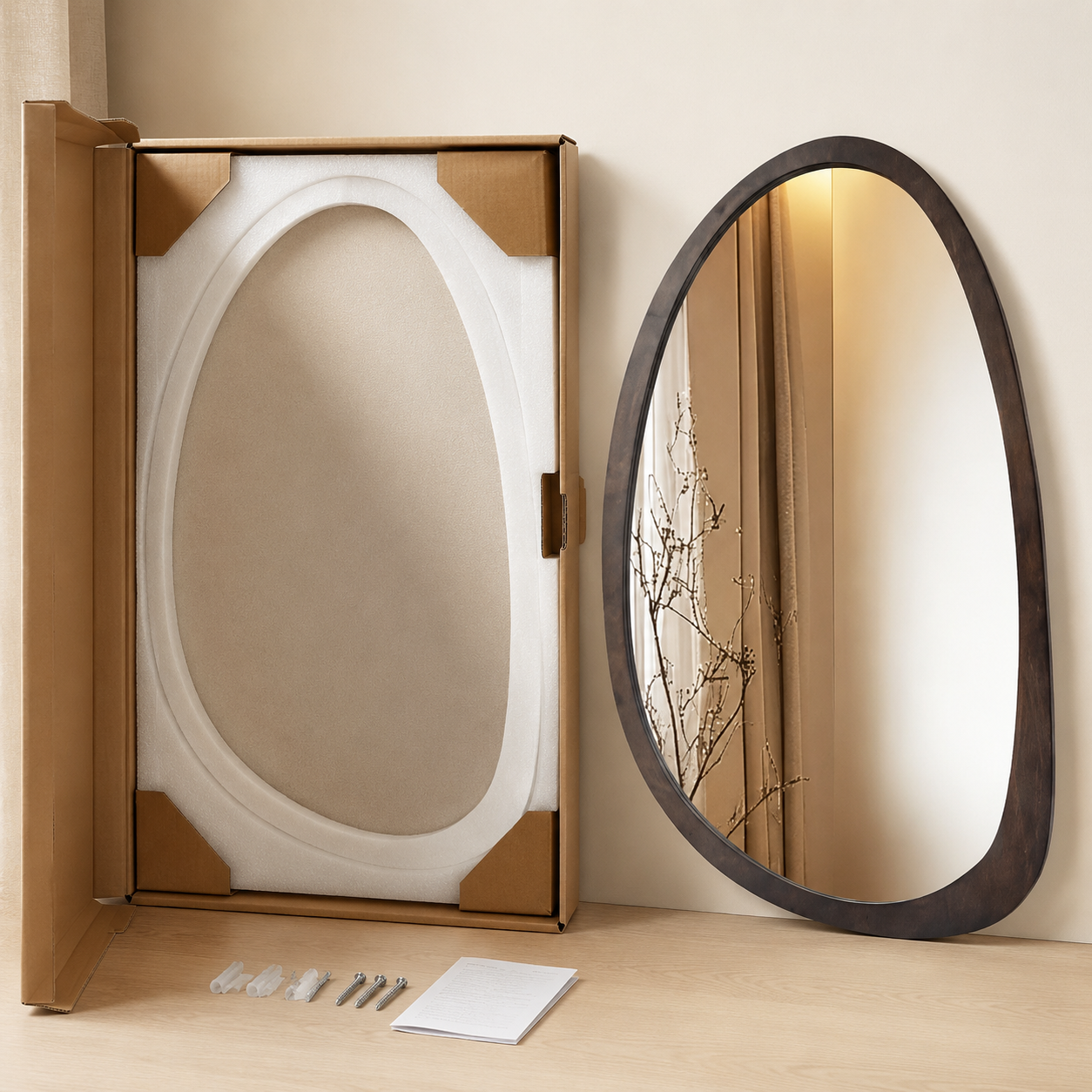 Miroir Mural Organique Bois Noyer Cadre Asymétrique Déballage
