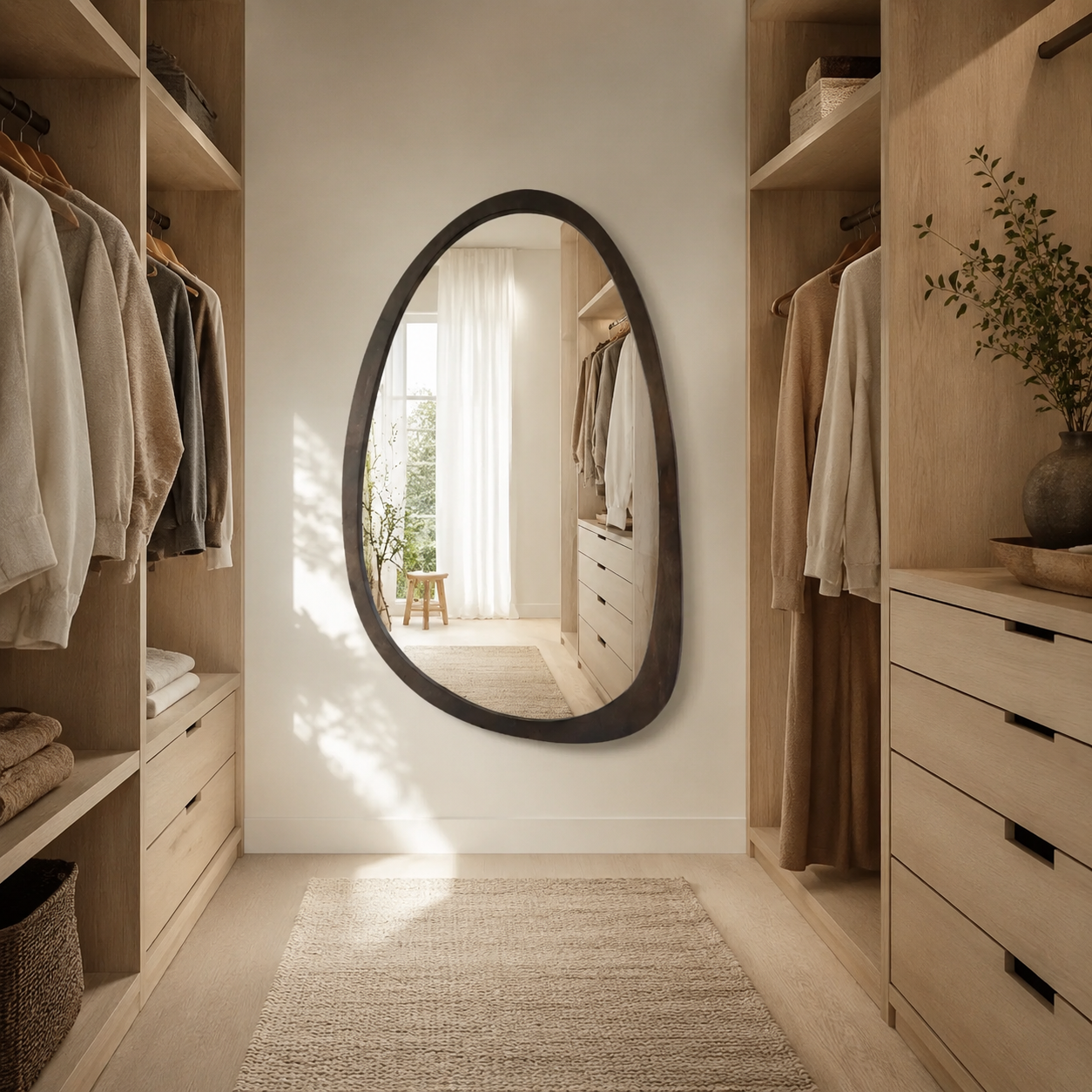 Miroir Mural Organique Bois Noyer Cadre Asymétrique Dressing 2