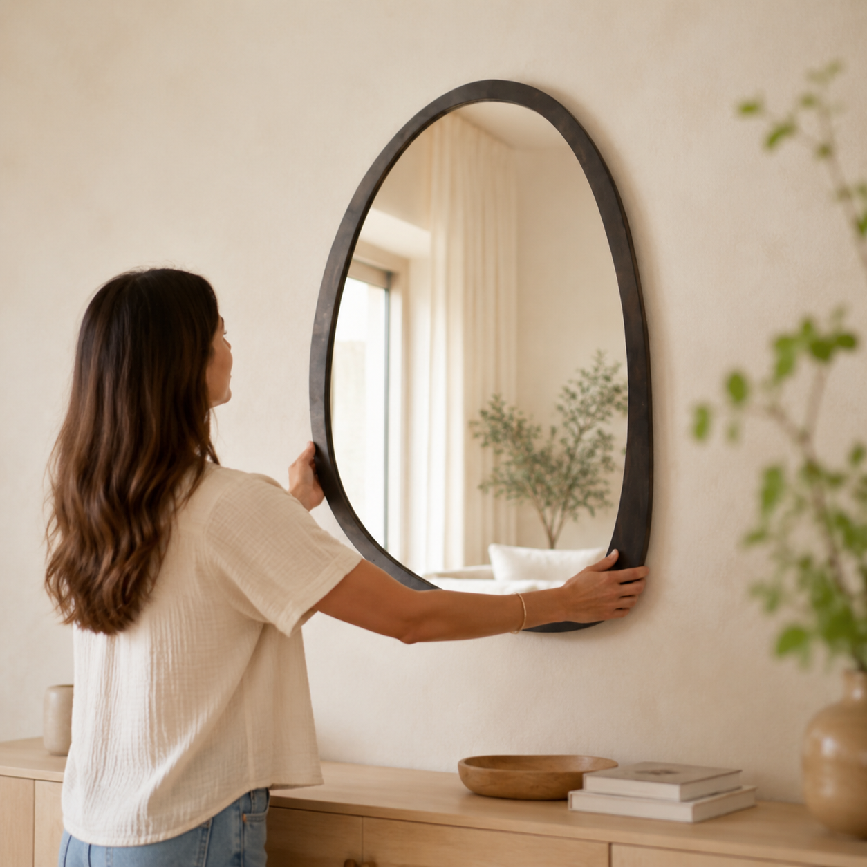 Miroir Mural Organique Bois Noyer Cadre Asymétrique Installer