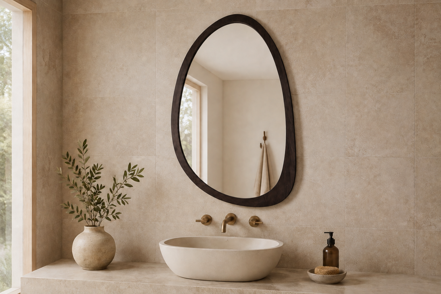 Miroir Mural Organique Bois Noyer Cadre Asymétrique Salle De Bain 2