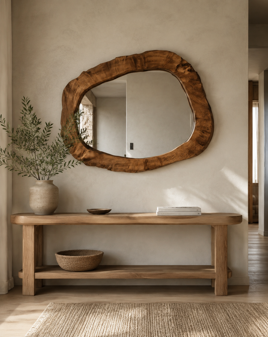 Miroir Mural Organique  Cadre Bois Massif Brut Entree
