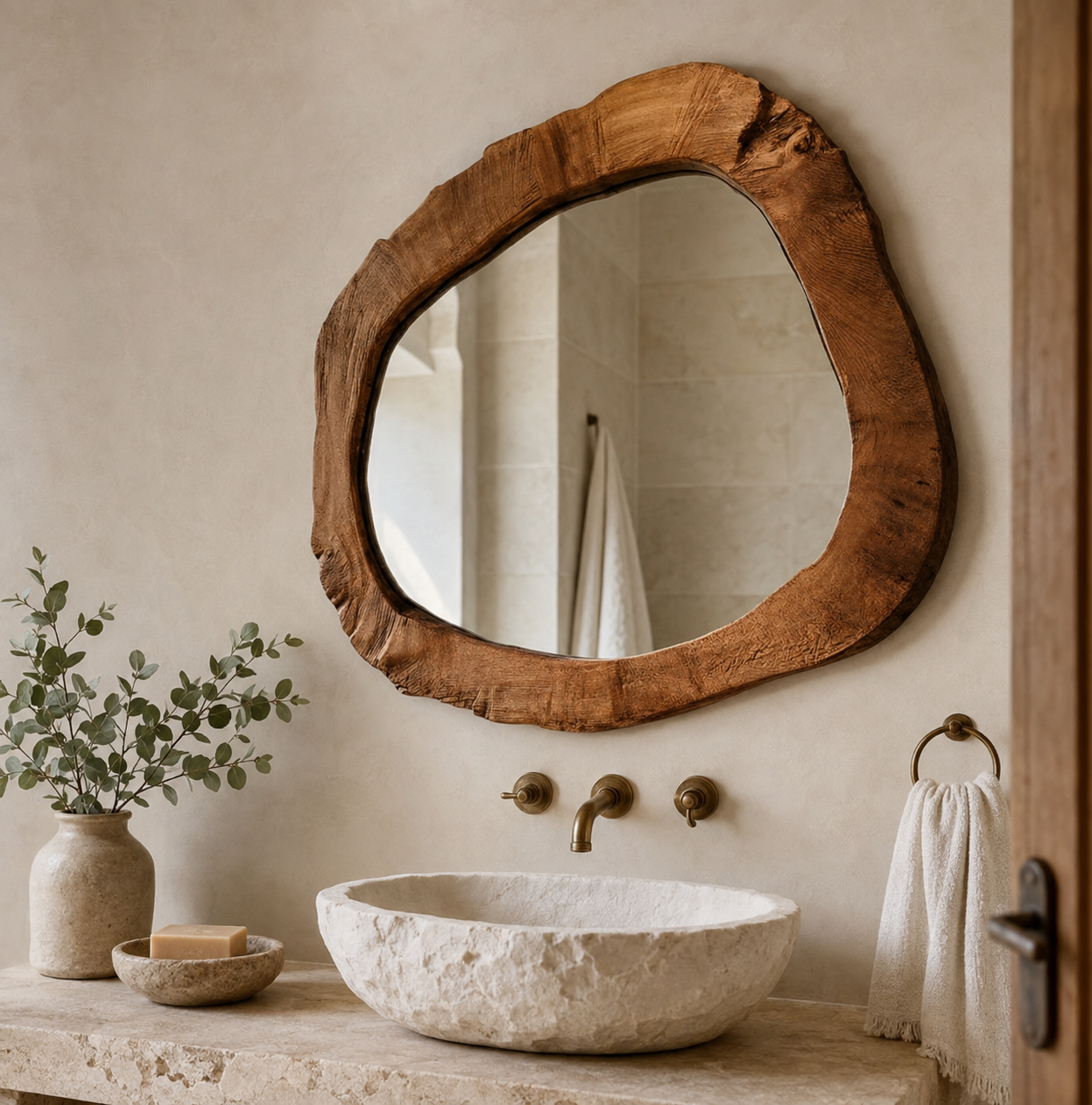 Miroir Mural Organique  Cadre Bois Massif Brut Salle De Bain