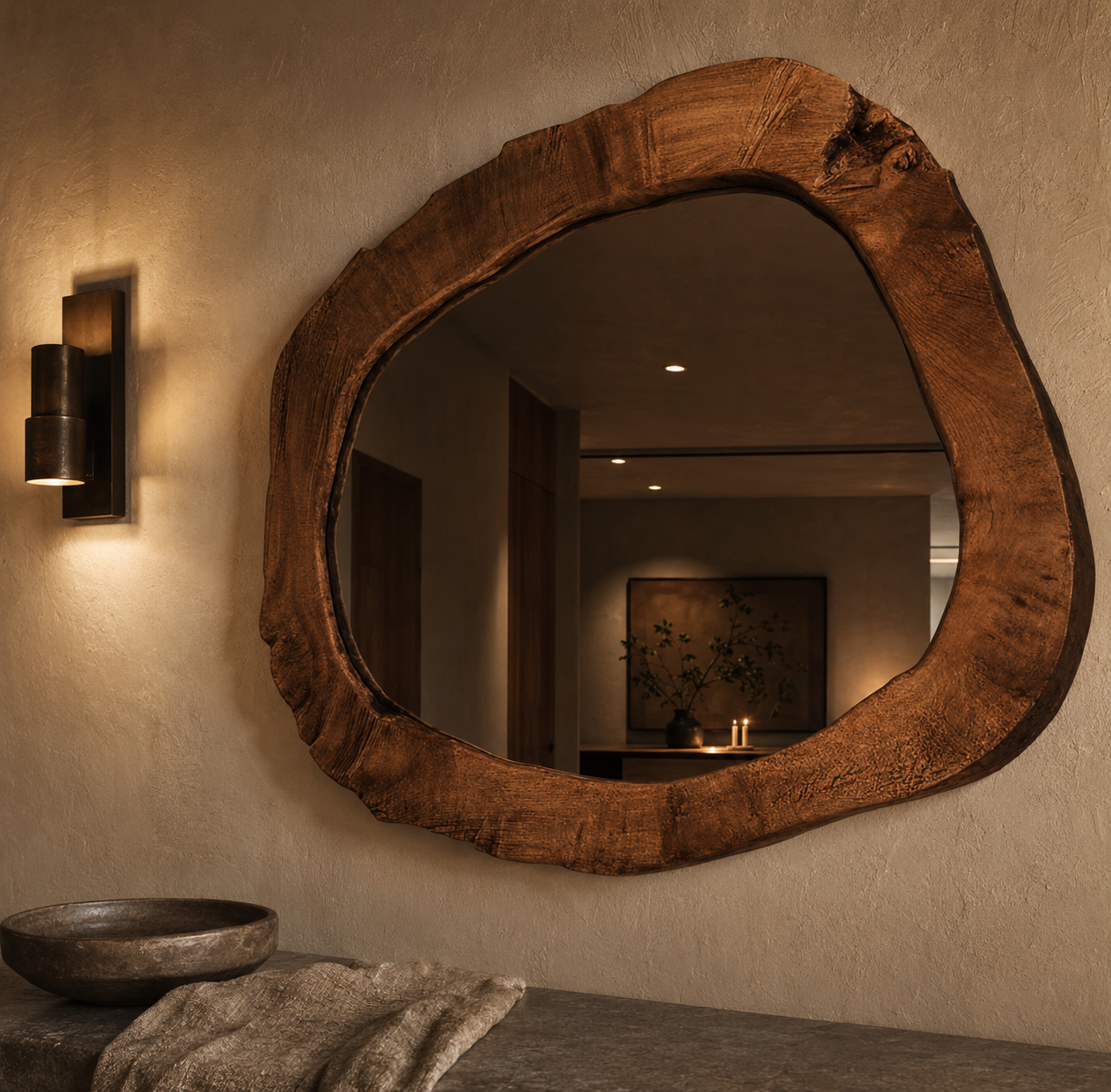 Miroir Mural Organique  Cadre Bois Massif  Design
