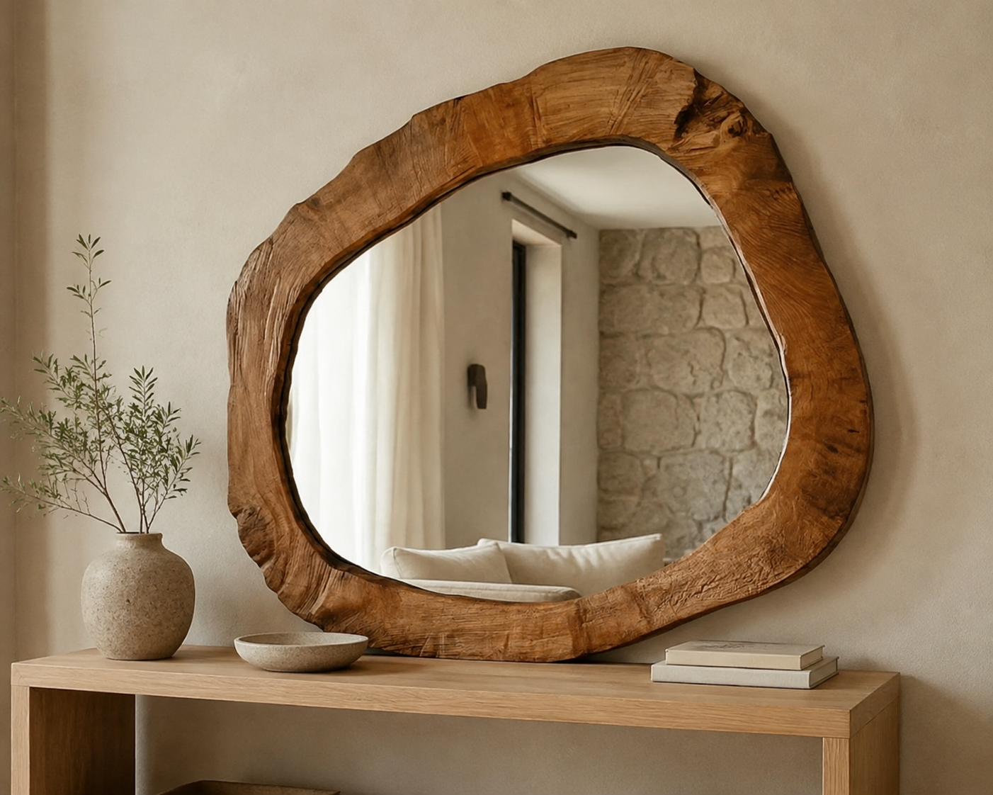 Miroir Mural Organique  Cadre Bois Massif Entree