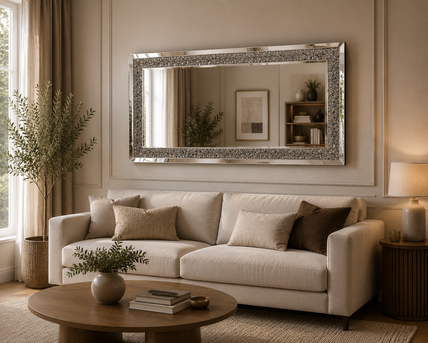 Miroir Mural Rectangulaire Design -Contours Sertis de Cristaux 120×60 cm Canapé