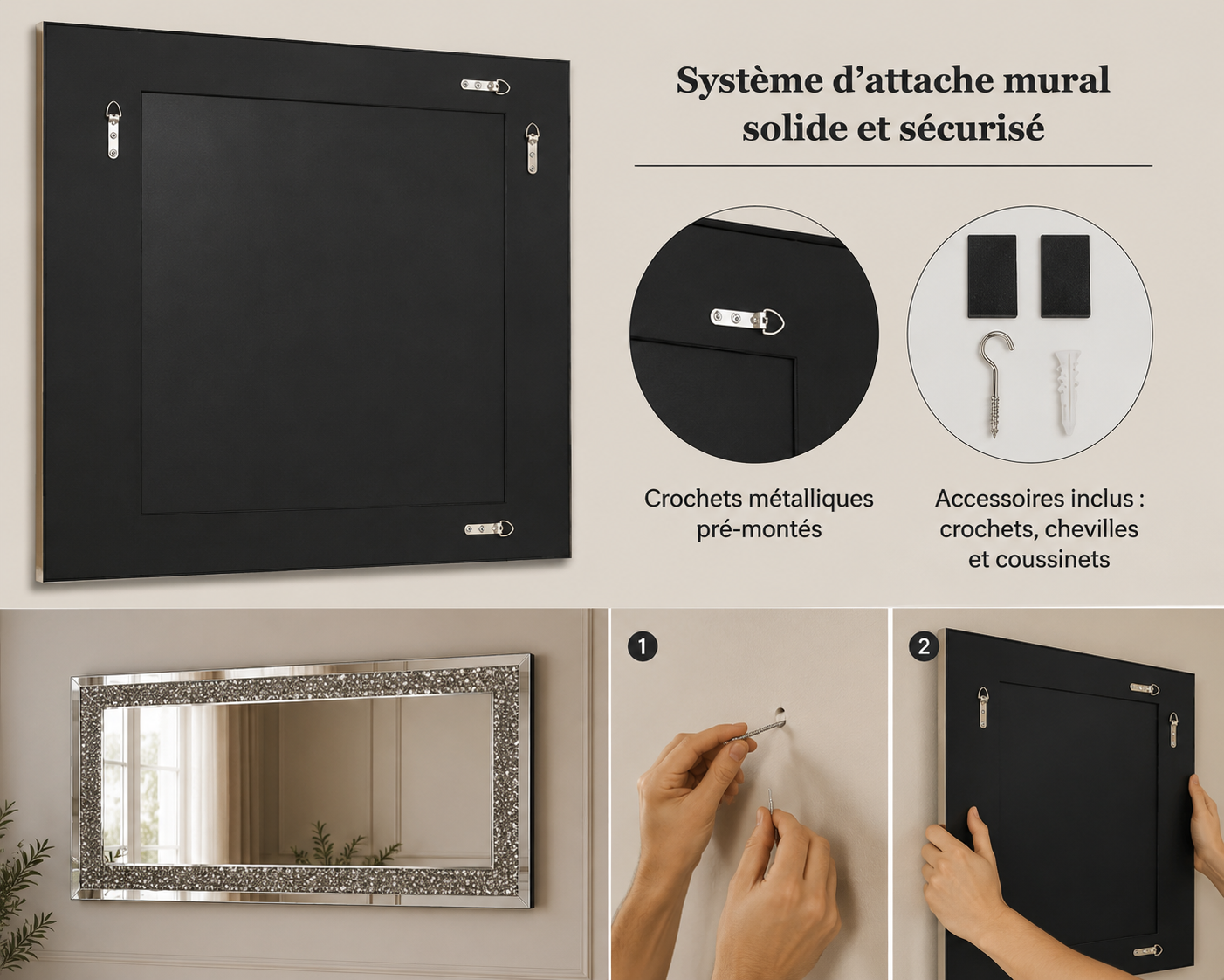 Miroir_Mural_Rectangulaire_Design_-Contours_Sertis_de_Cristaux_120_60_cm_Système de fixation
