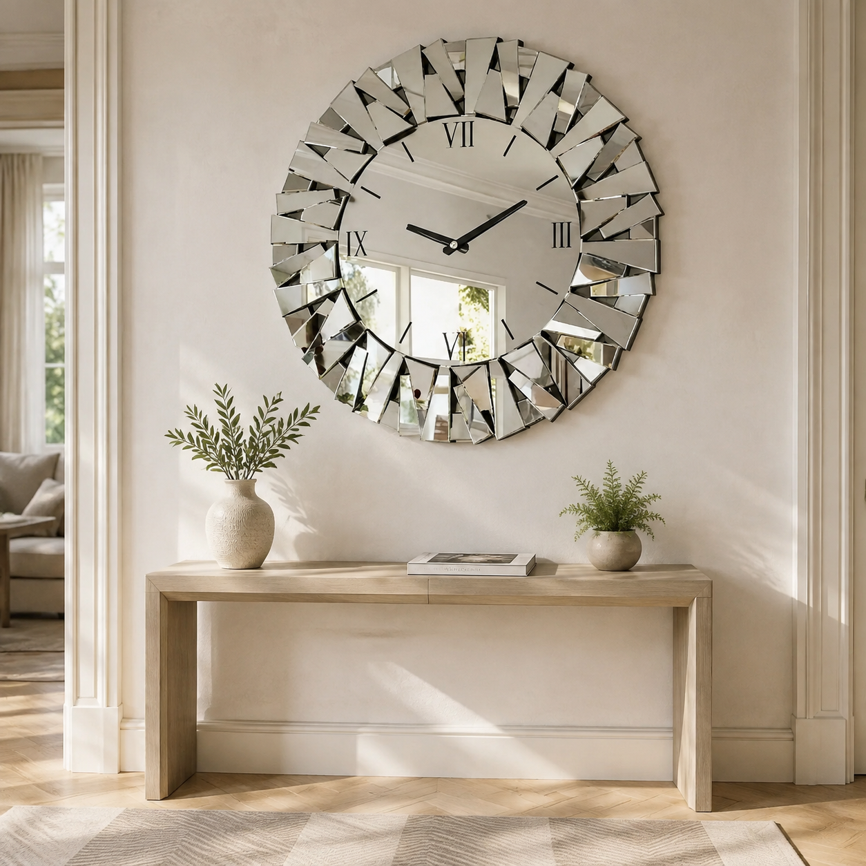 Miroir Murale Horloge Verre Biseauté Chiffres Romains
