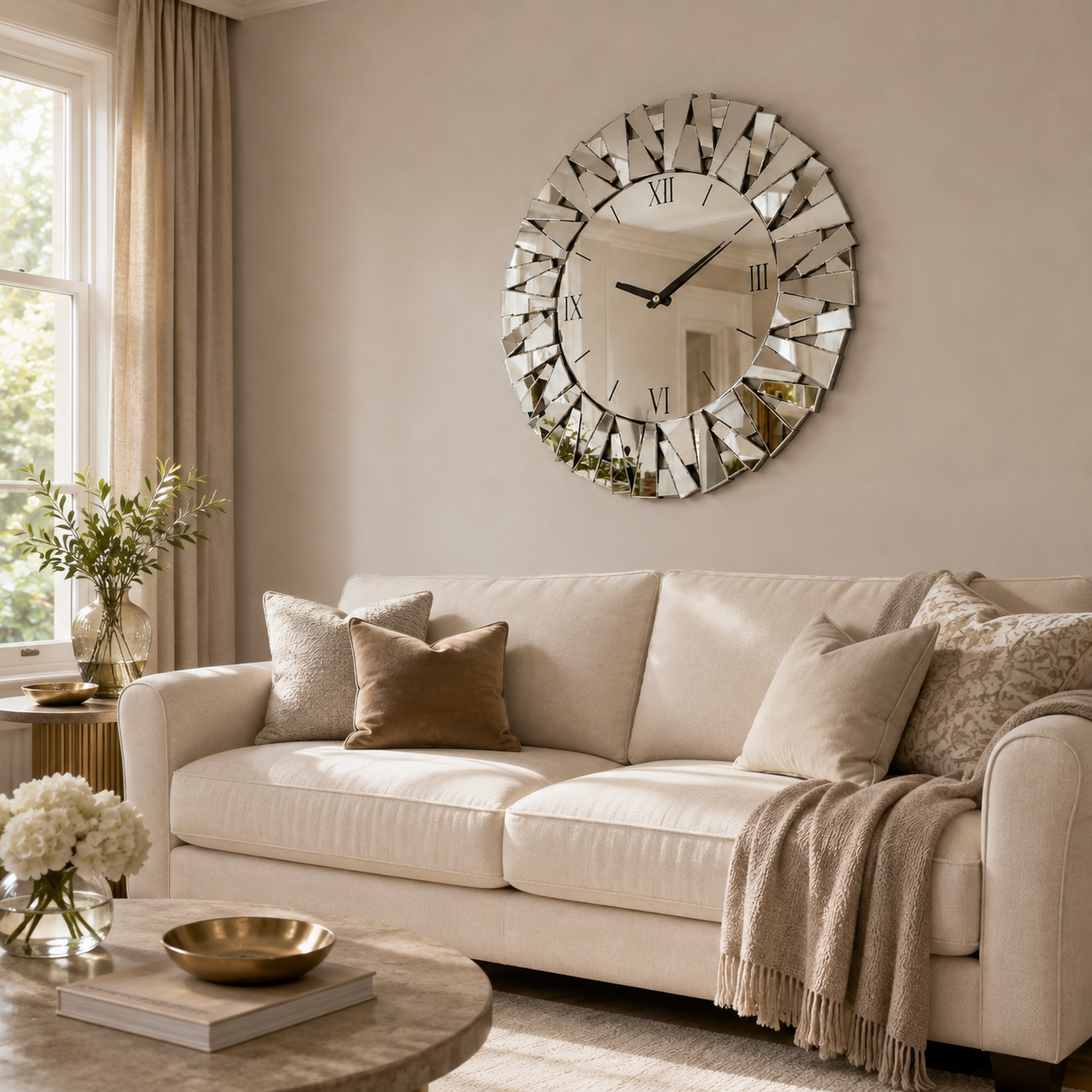 Miroir Murale Horloge Verre Biseauté Chiffres Romains Au Dessus Du Canape