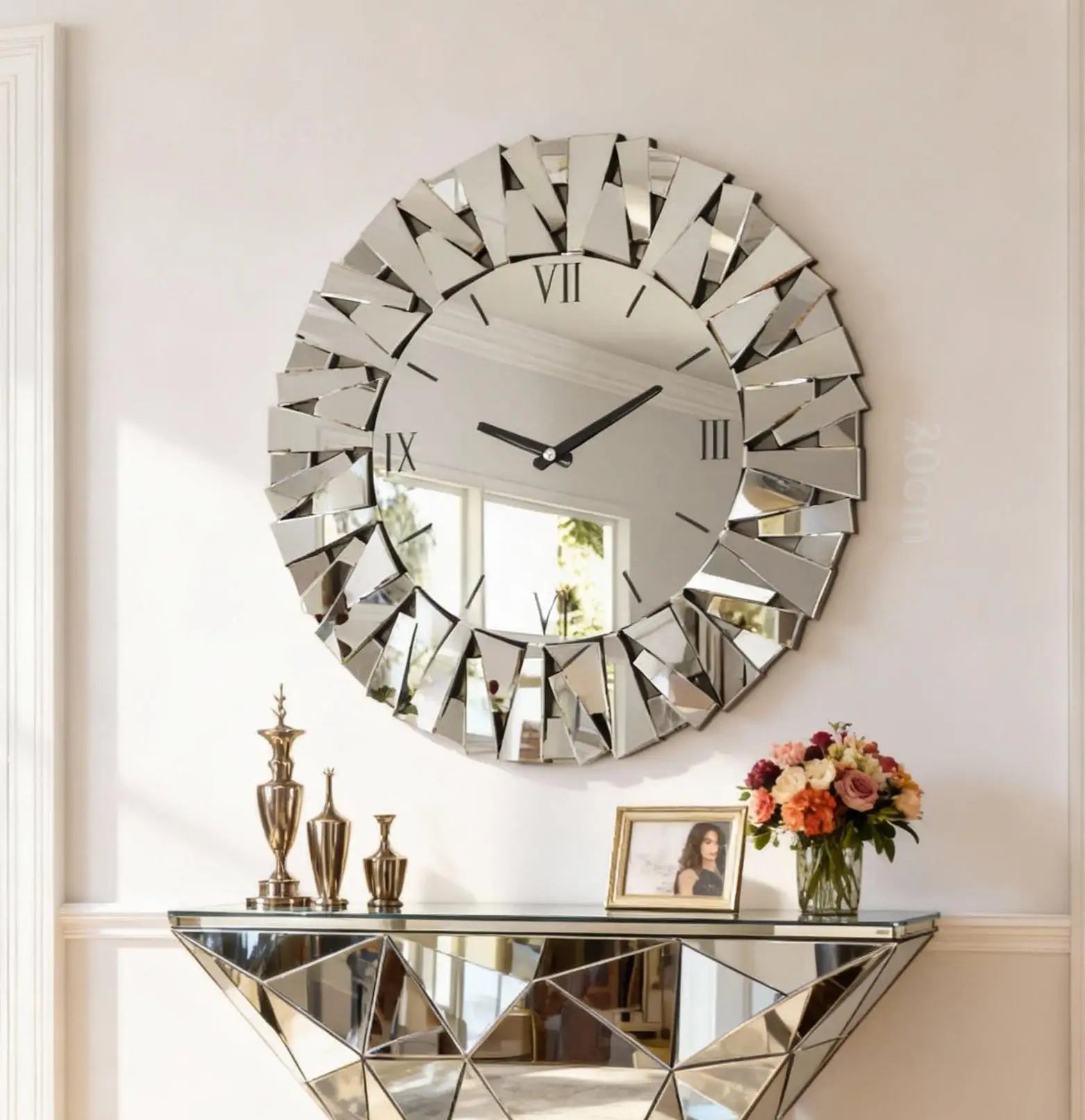 Miroir Murale Horloge Verre Biseauté Chiffres Romains Buffet