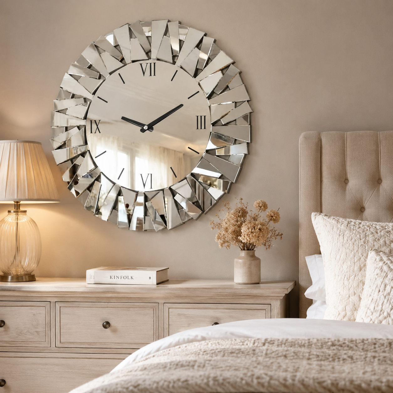 Miroir Murale Horloge Verre Biseauté Chiffres Romains Chambre