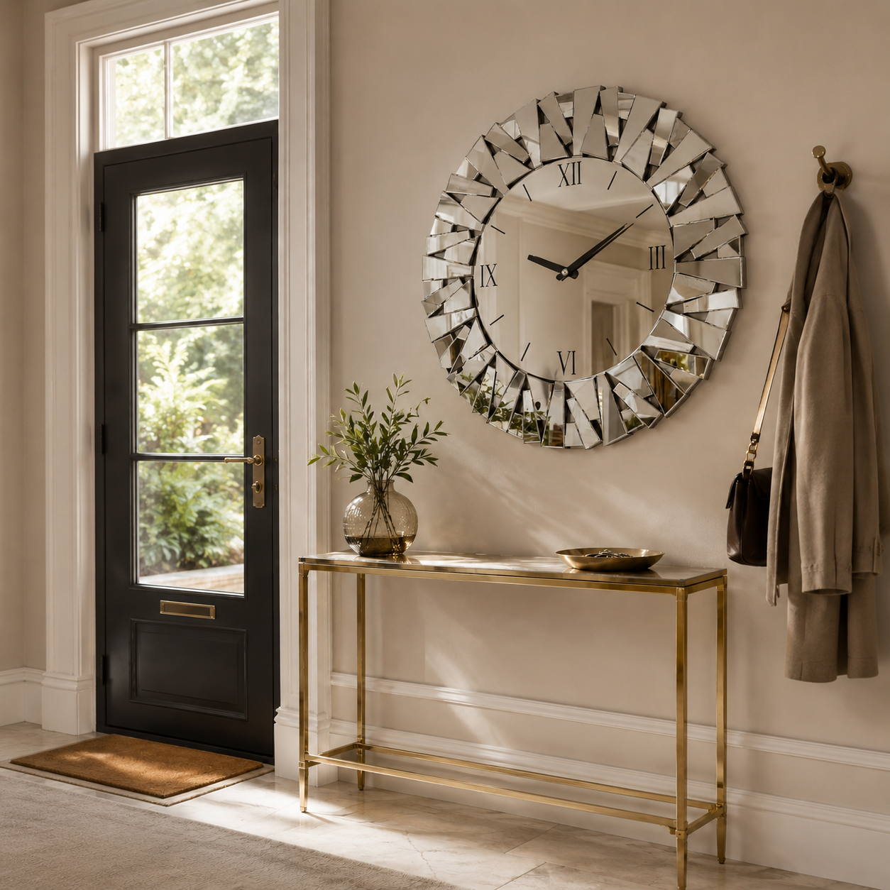 Miroir Murale Horloge Verre Biseauté Chiffres Romains Dans L'Entrée