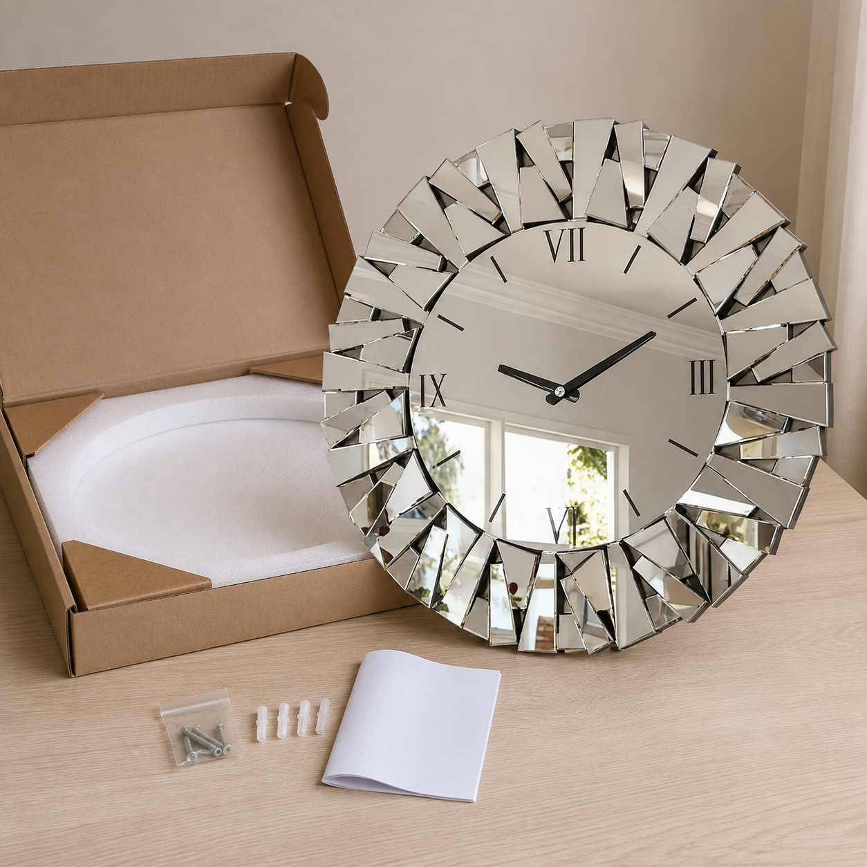 Miroir Murale Horloge Verre Biseauté Chiffres Romains Deballage