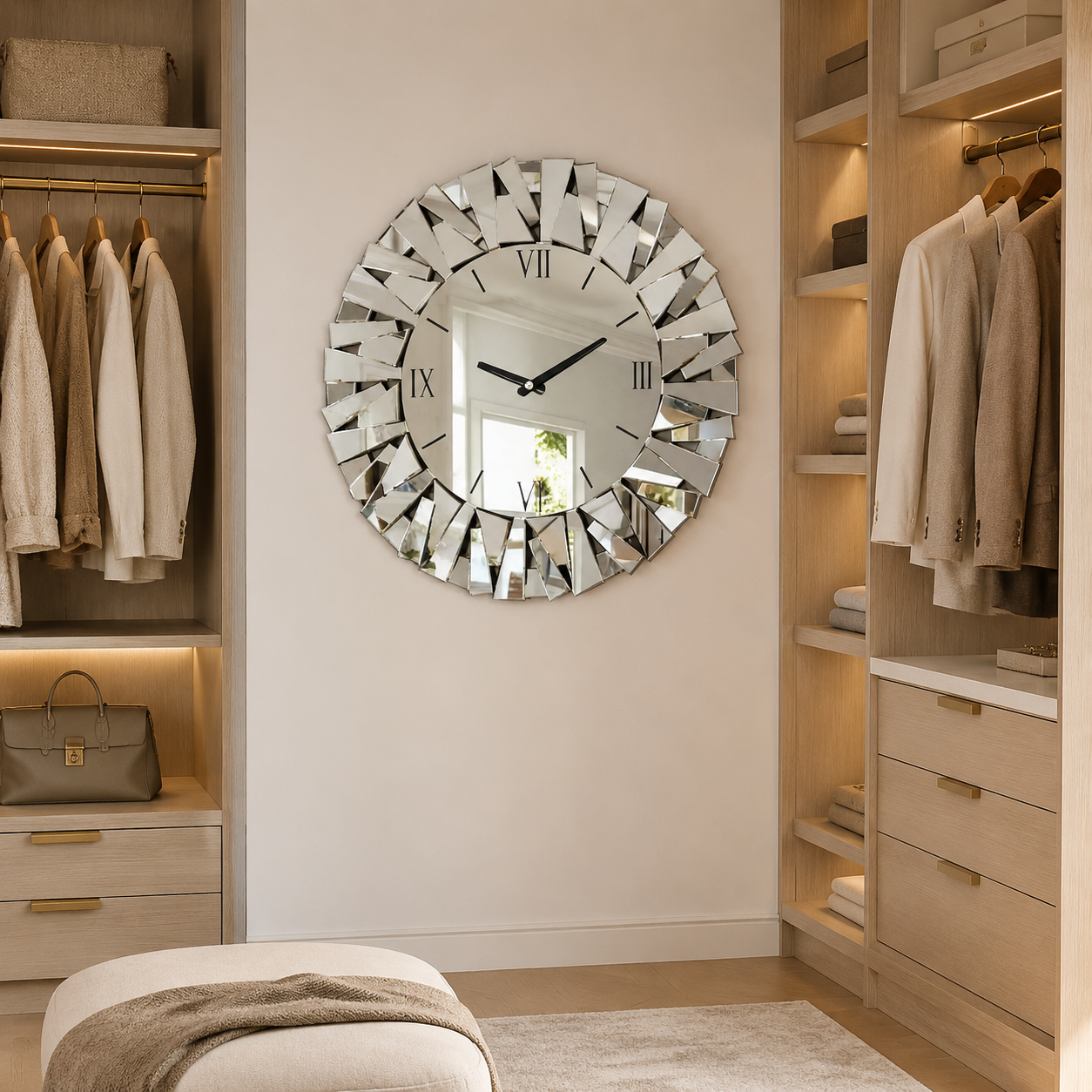Miroir Murale Horloge Verre Biseauté Chiffres Romains Dressing